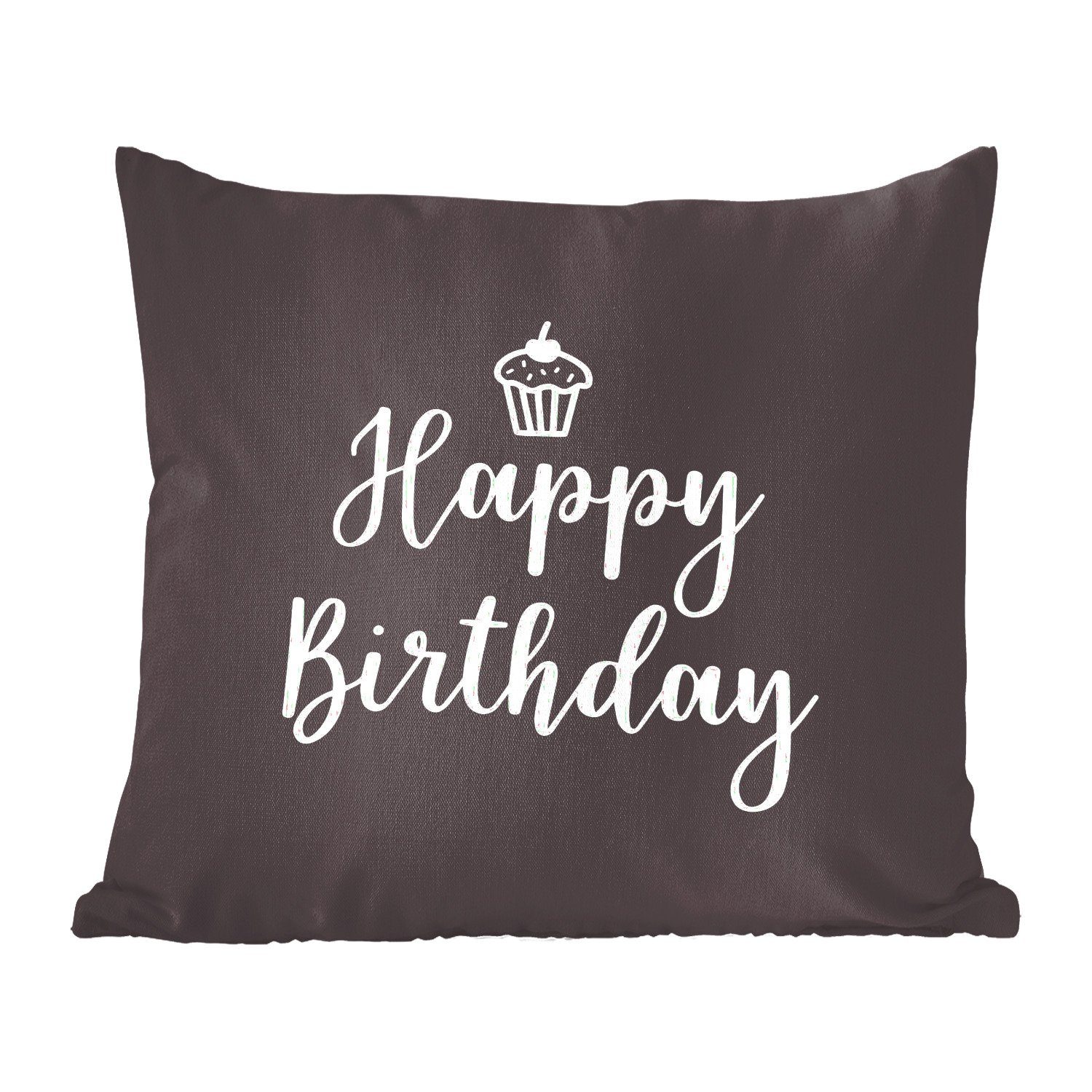 MuchoWow Dekokissen Cupcake mit dem Zitat "Happy Birthday" auf schwarzem Hintergrund, Zierkissen mit Füllung für Wohzimmer, Schlafzimmer, Deko, Sofakissen