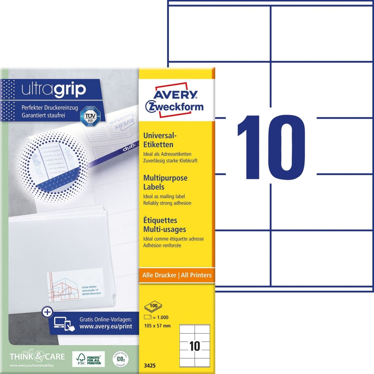 Etiketten Universal-Etiketten ultragrip 105x57 mm VE=1.000 Etiketten / 100 Bogen