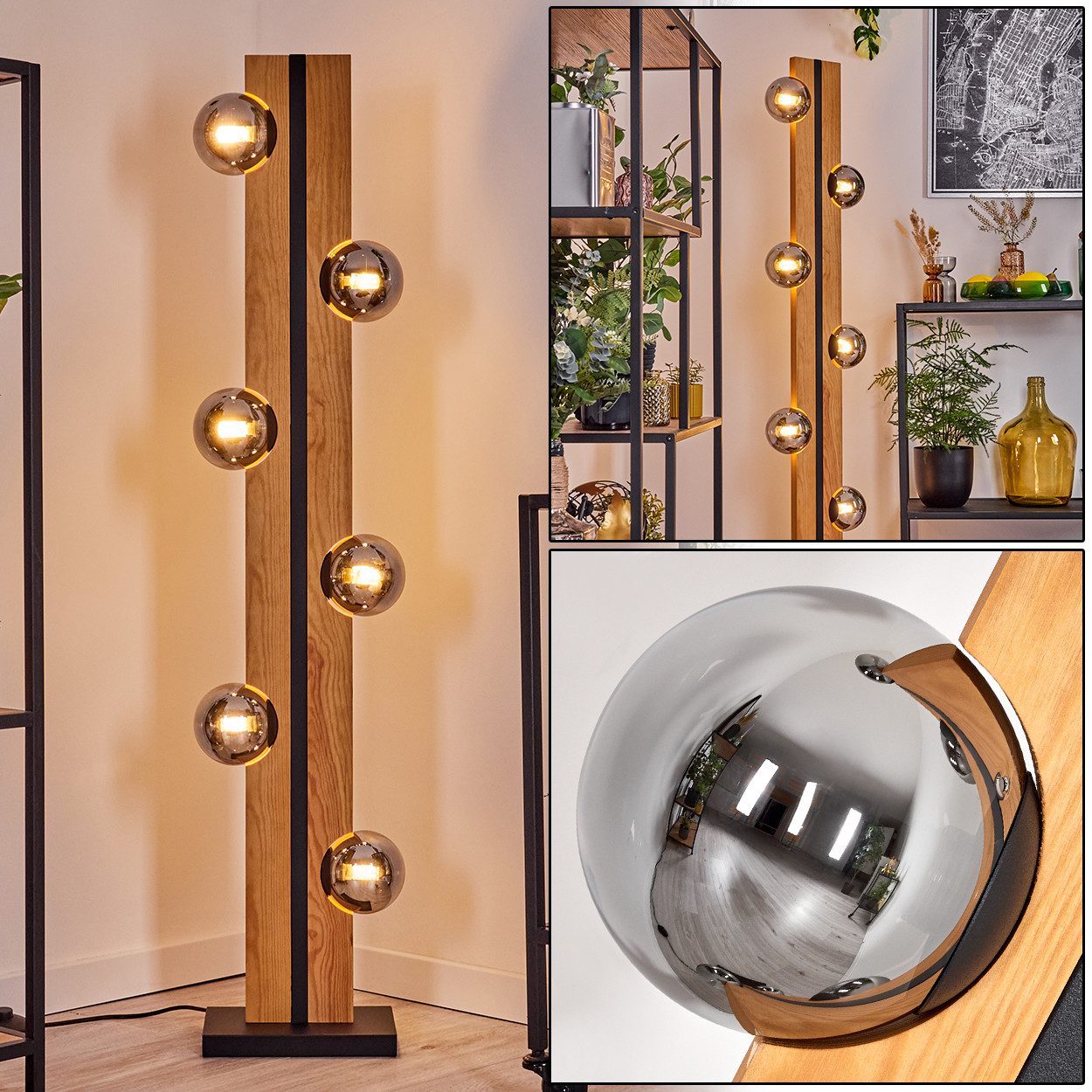 hofstein Stehlampe Stehlampe aus Holz/Metall/Glas in Natur/Schwarz/Chrom-/Rauchfarben, ohne Leuchtmittel, 120cm, G9, Fußschalter - Wohnzimmer, Schlafzimmer, Esszimmer, Flur