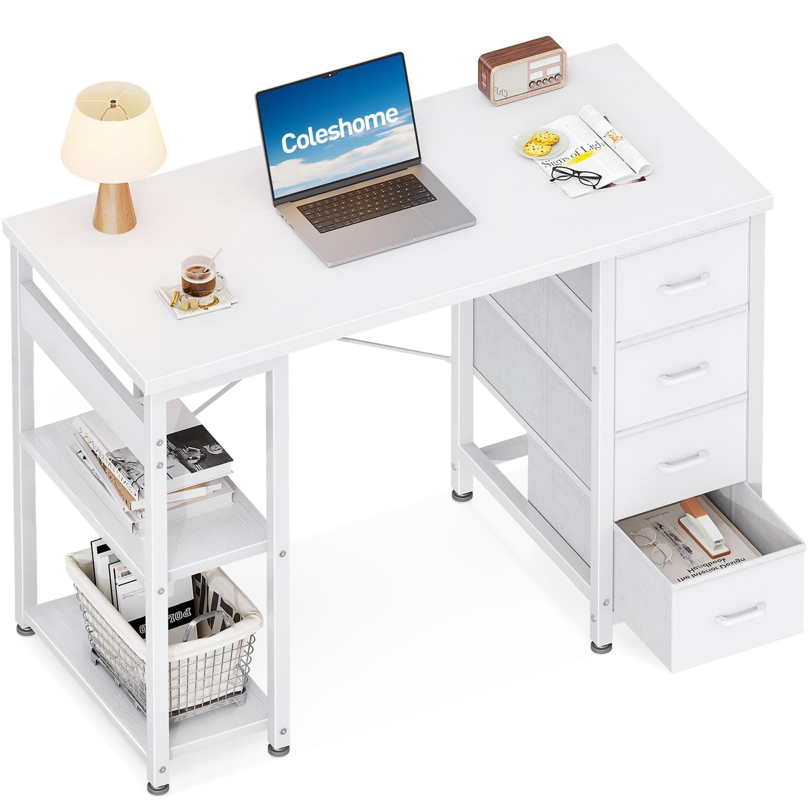 ODK Schreibtisch mit 4 Schubladen, 100cm Computertisch in Weiß (1-St), Kompakter PC Tisch für Büro, Arbeitszimmer und Schlafzimmer