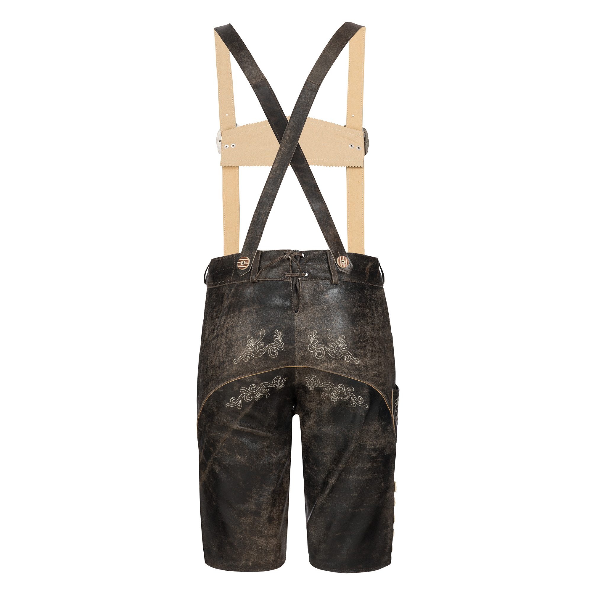 BOHMBERG Trachtenlederhose Damen Lederhose knielang Echtleder Antik Braun mit Hosenträgern