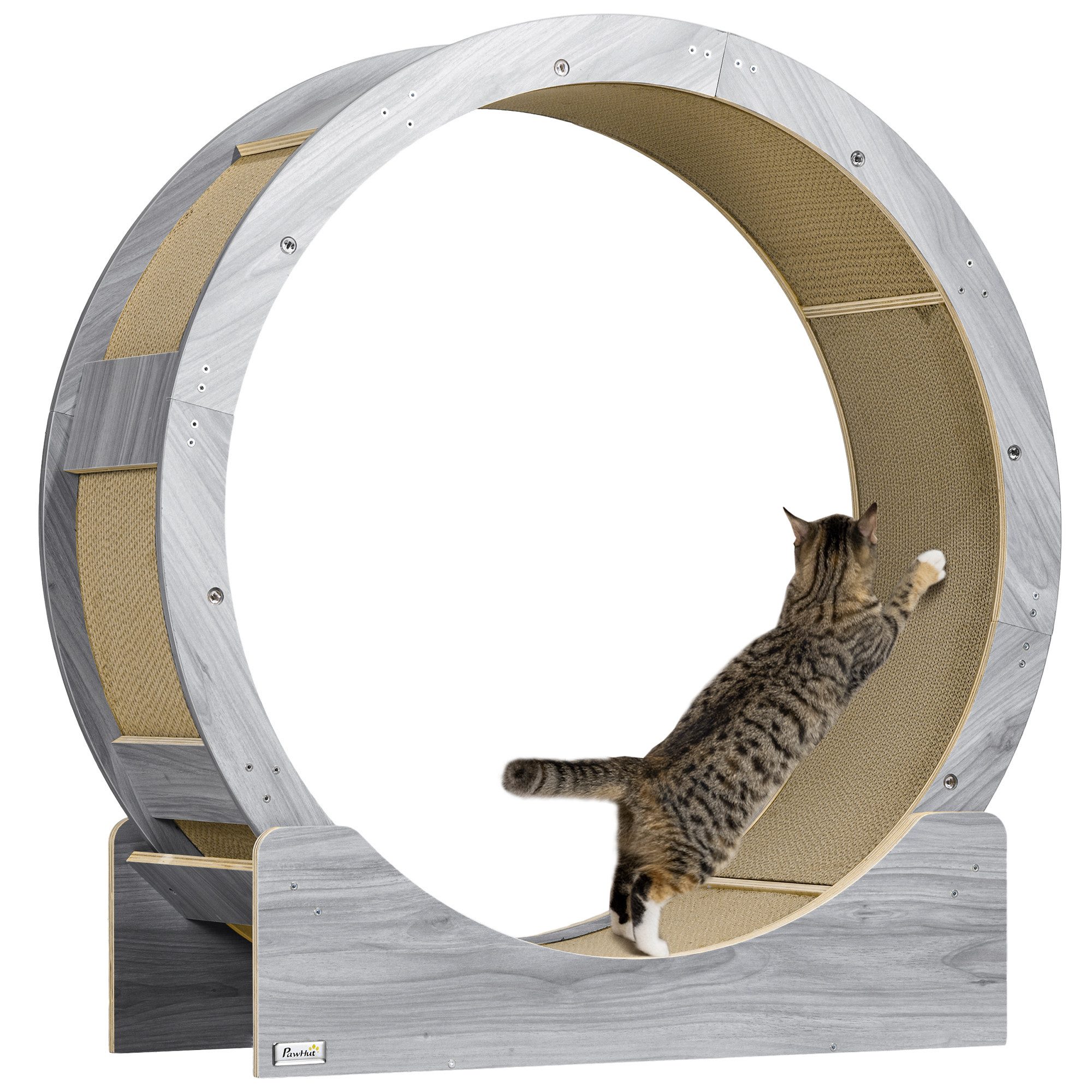 PawHut Tierlaufrad Katzenlaufrad 91 cm Durchmesser mit Bremse Laufbahn Kratzbrett, für gesunde Bewegung, Entspannung, Grau