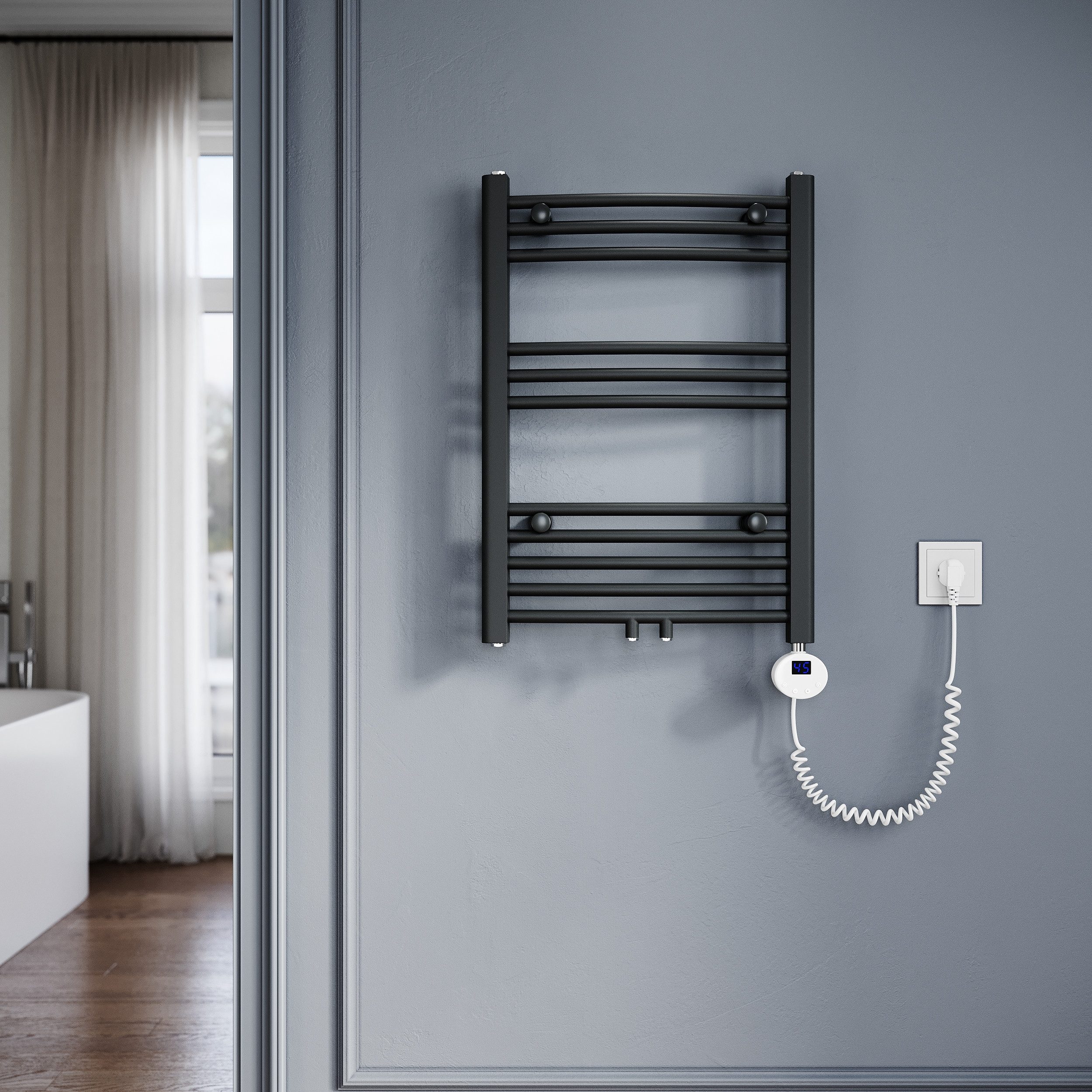 SONNI Elektrischer Badheizkörper Elektrischer Badheizkörper Heizkörper elektrisch Gebogen bad, Elektrischer Handtuchhalter mit Intelligentes Heizstab,Weiß/Sandgrau