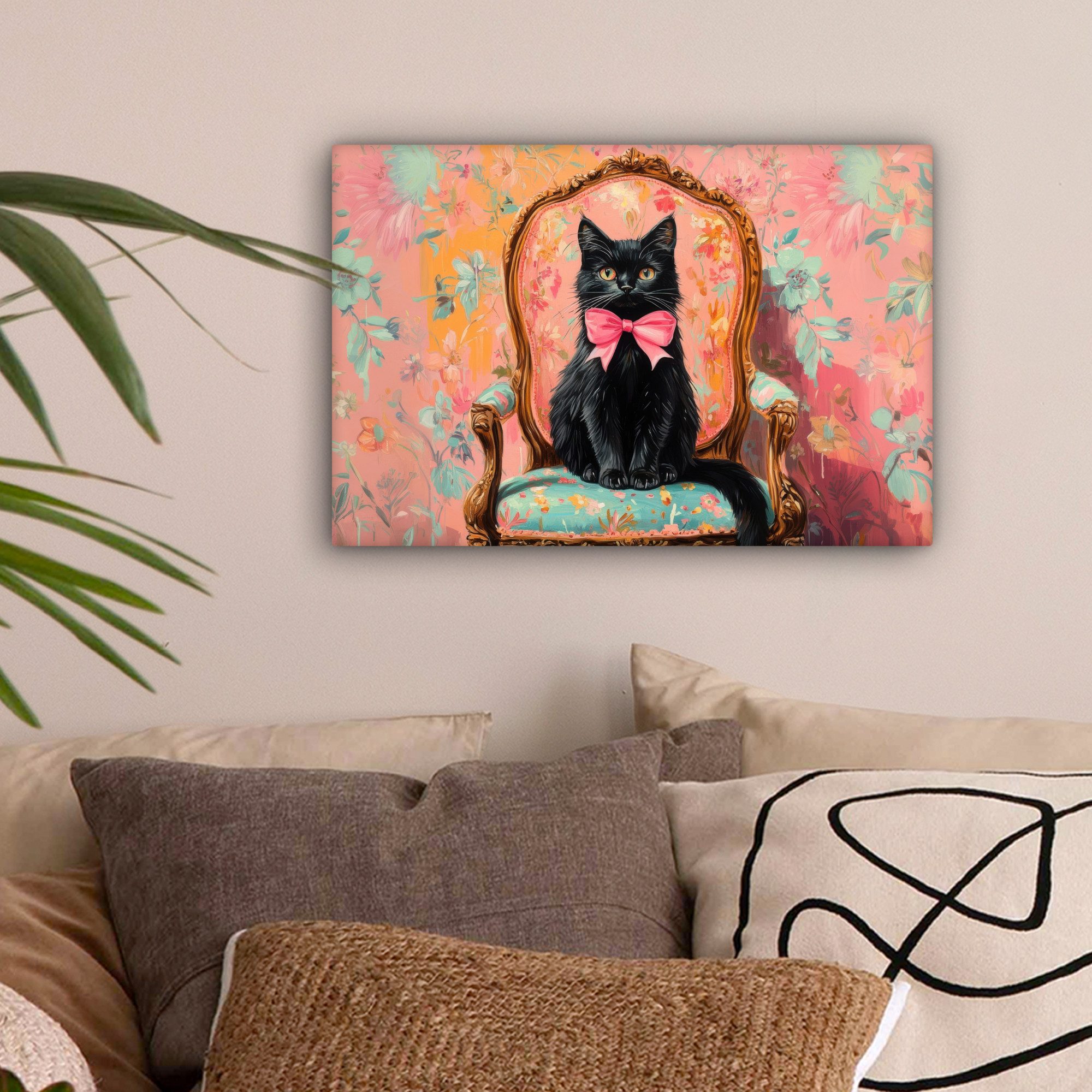 OneMillionCanvasses® Leinwandbild Katze - Rosa - Stuhl mit Blumenmuster, Fo günstig online kaufen