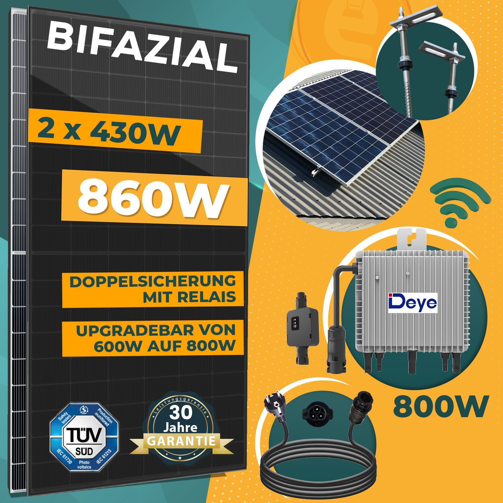 enprovesolar Solaranlage 860W Balkonkraftwerk Komplettset inkl. 430W Bifazial Solarmodule, Neu Generation Deye 800W WIFI Wechselrichter mit Relais, 10M Schuko Stecker und Stockschrauben PV-Montage