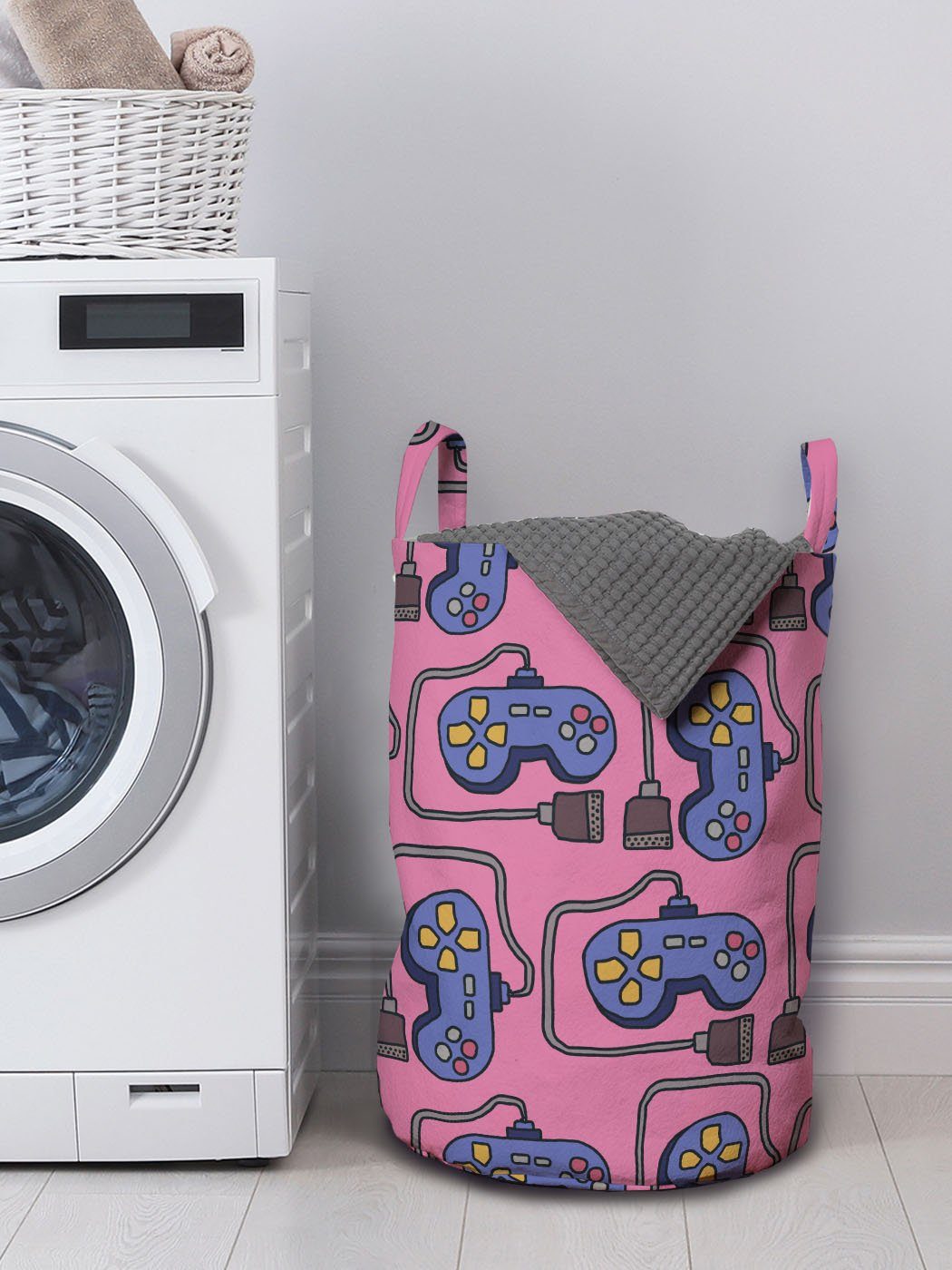 Cabled für Waschsalons, Abakuhaus Griffen Joystick mit Wäschesäckchen Gaming Kordelzugverschluss Wäschekorb Illustration