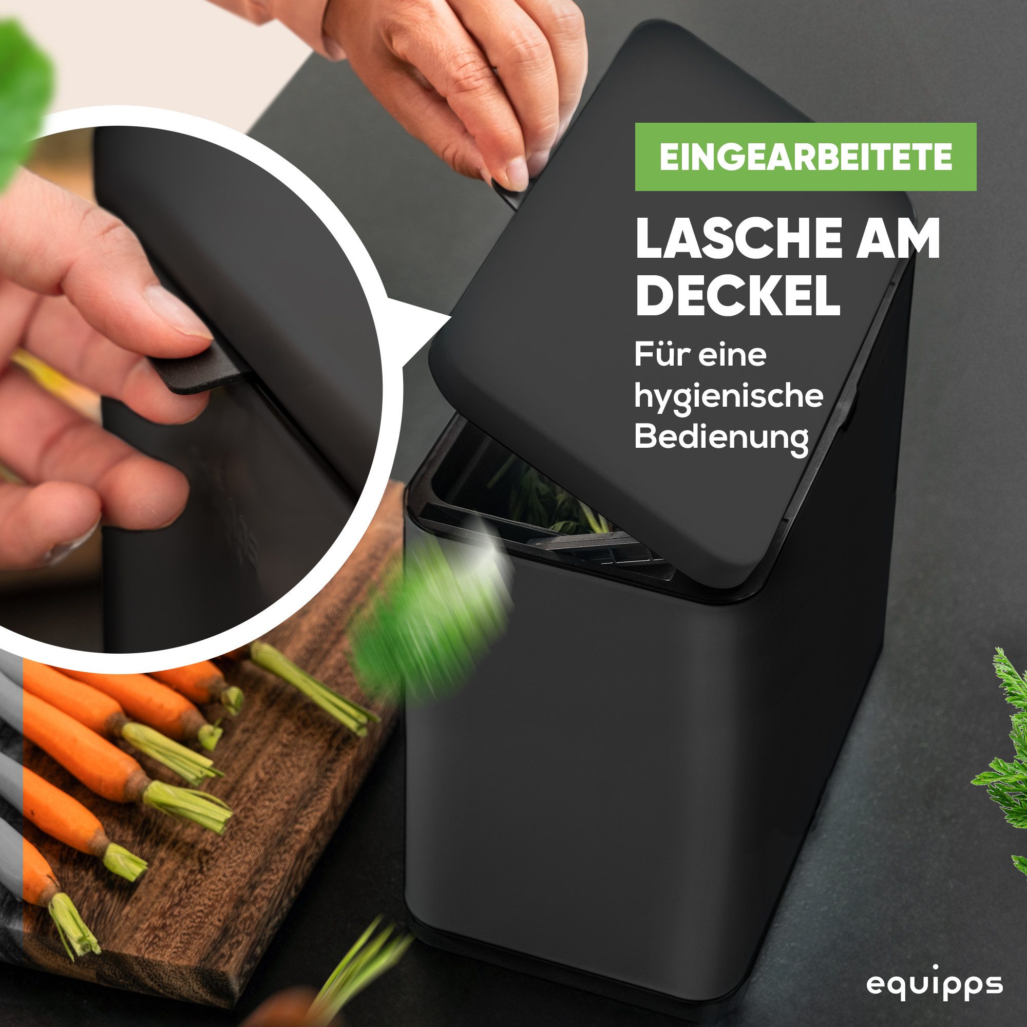 equipps Biomülleimer Biomülleimer mit Geruchsfilter 6L, Komposteimer Küche für Biomüll, mit Aktivkohlefilter, Schwingdeckel