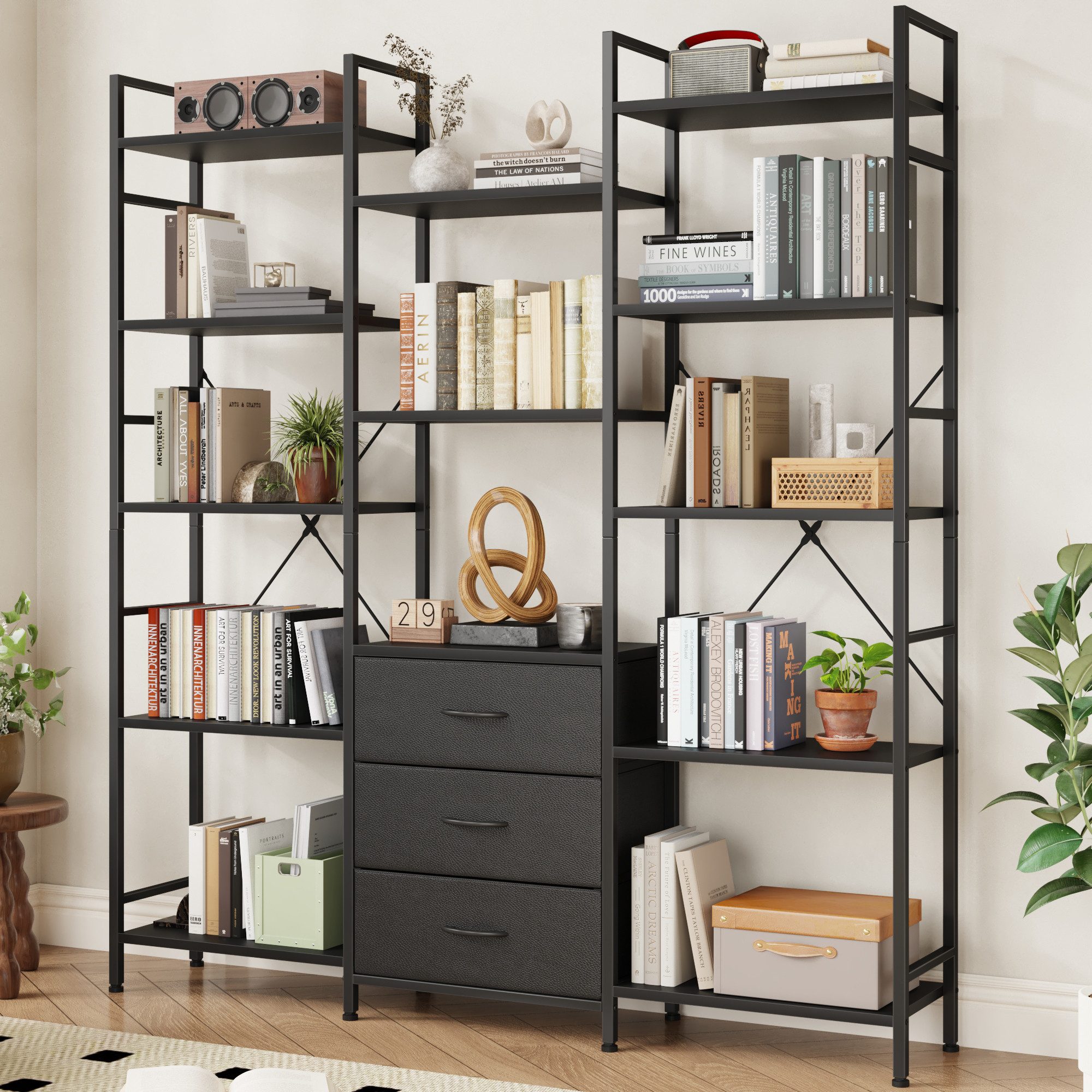 OYRREU Mehrzweckregal 10 offene Fächer & 3 Schubladen, kombiniert, Bücherregal, Standregal, industrial Aufbewahrungsregal 1-St., mehrfach, X-förmige Metallverstärkung, variabel einsetzbar, 120 x 23,5 x 142 cm