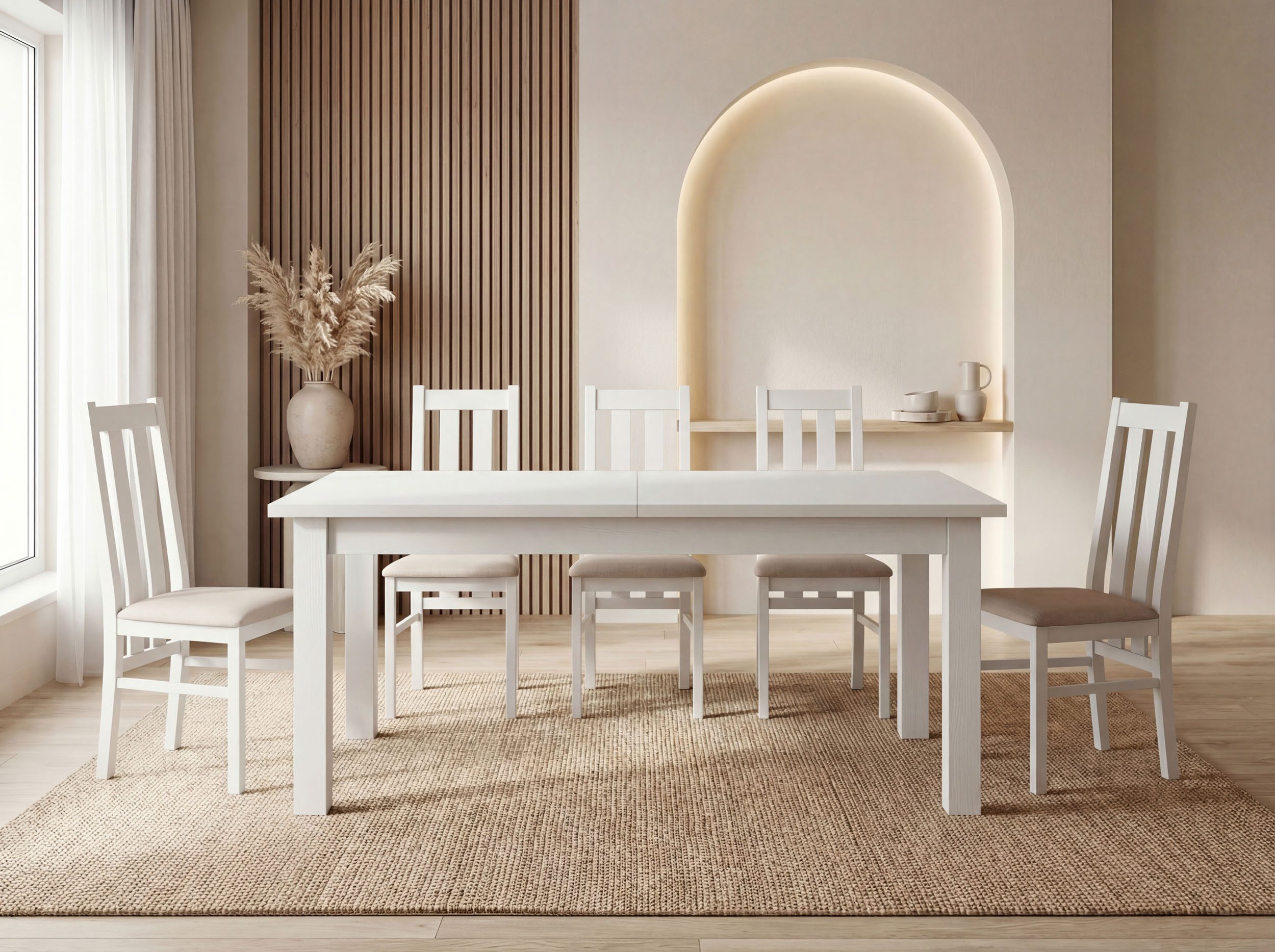 WFL GROUP Esstisch Lindberg ausziehbar verlängerbar rechteckig mit weißen Holzbeinen (MADE IN EU, XXL Groß– 120/140/150/160/200 cm ausziehbar auf 160/180/190/240/300 cm), platzsparender Tisch in Holzoptik für Küche, Esszimmer oder Wohnzimmer