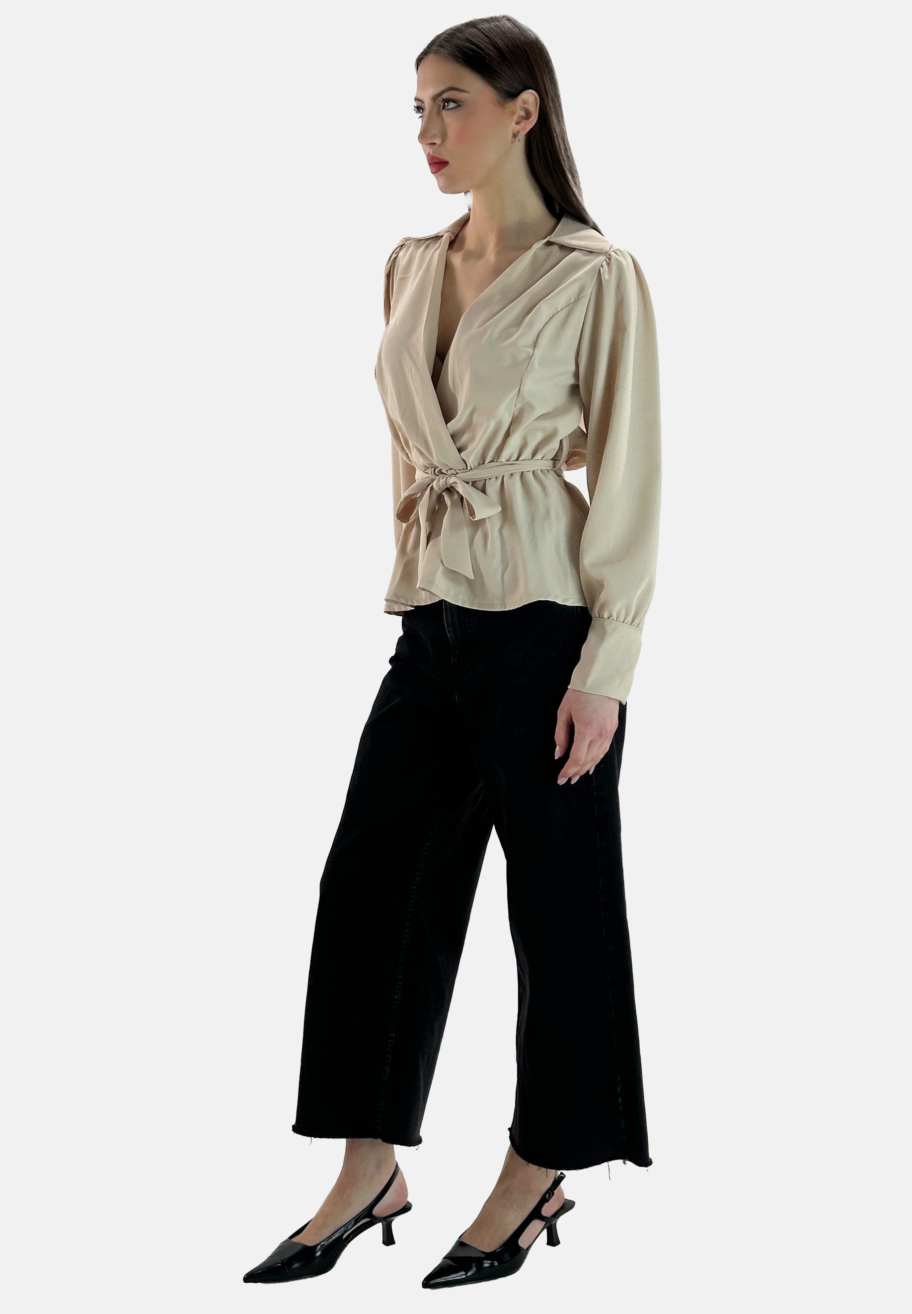 Elara Blusentop – Wickelbluse mit Bindegürtel und Hemdkragen