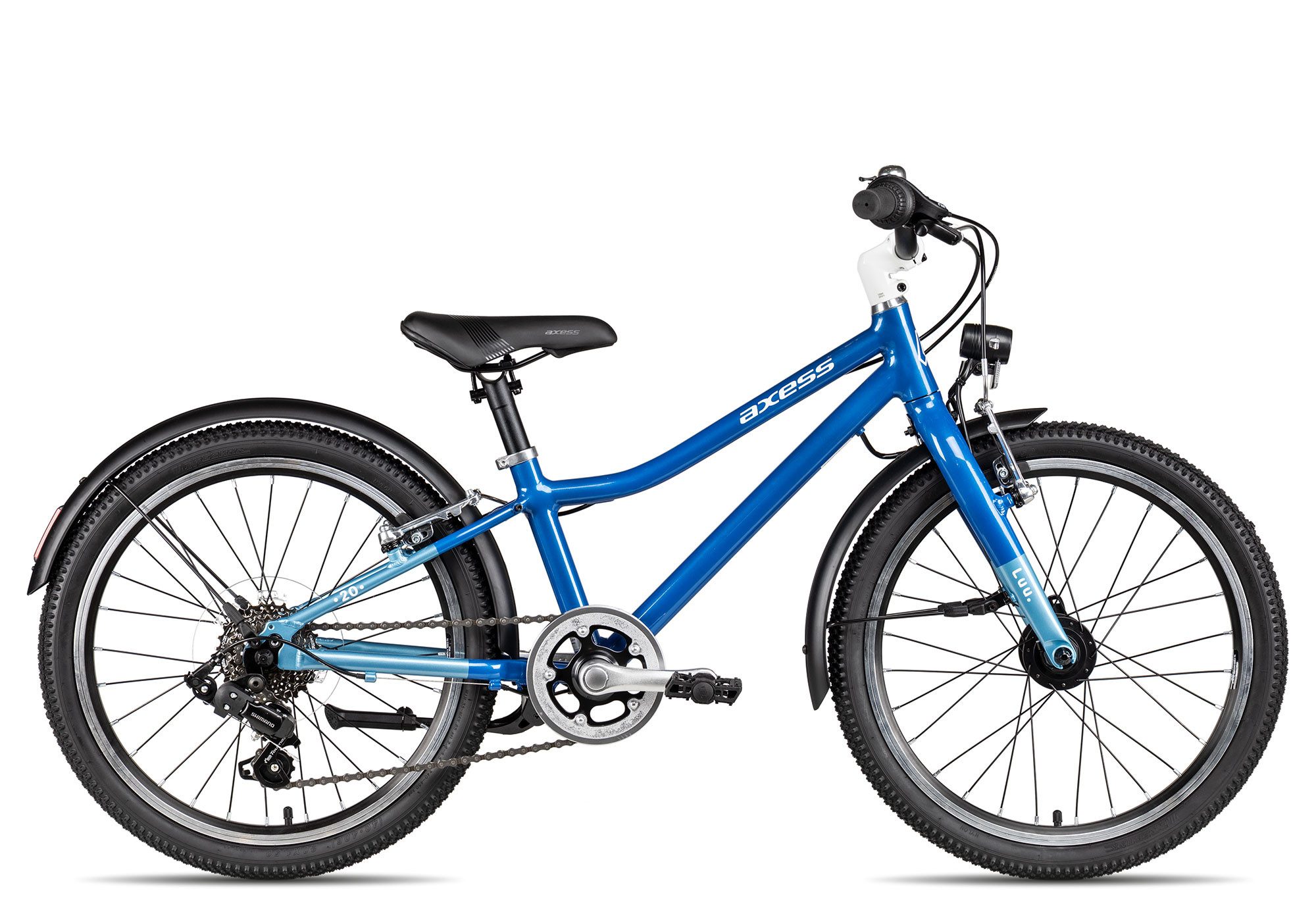 Axess Kinderfahrrad LUU. 20 EQ, 7 Gang Shimano Tourney RD-FT35, Super Short Cage Schaltwerk, Kettenschaltung, besonders leichtes Kinderfahrrad blau