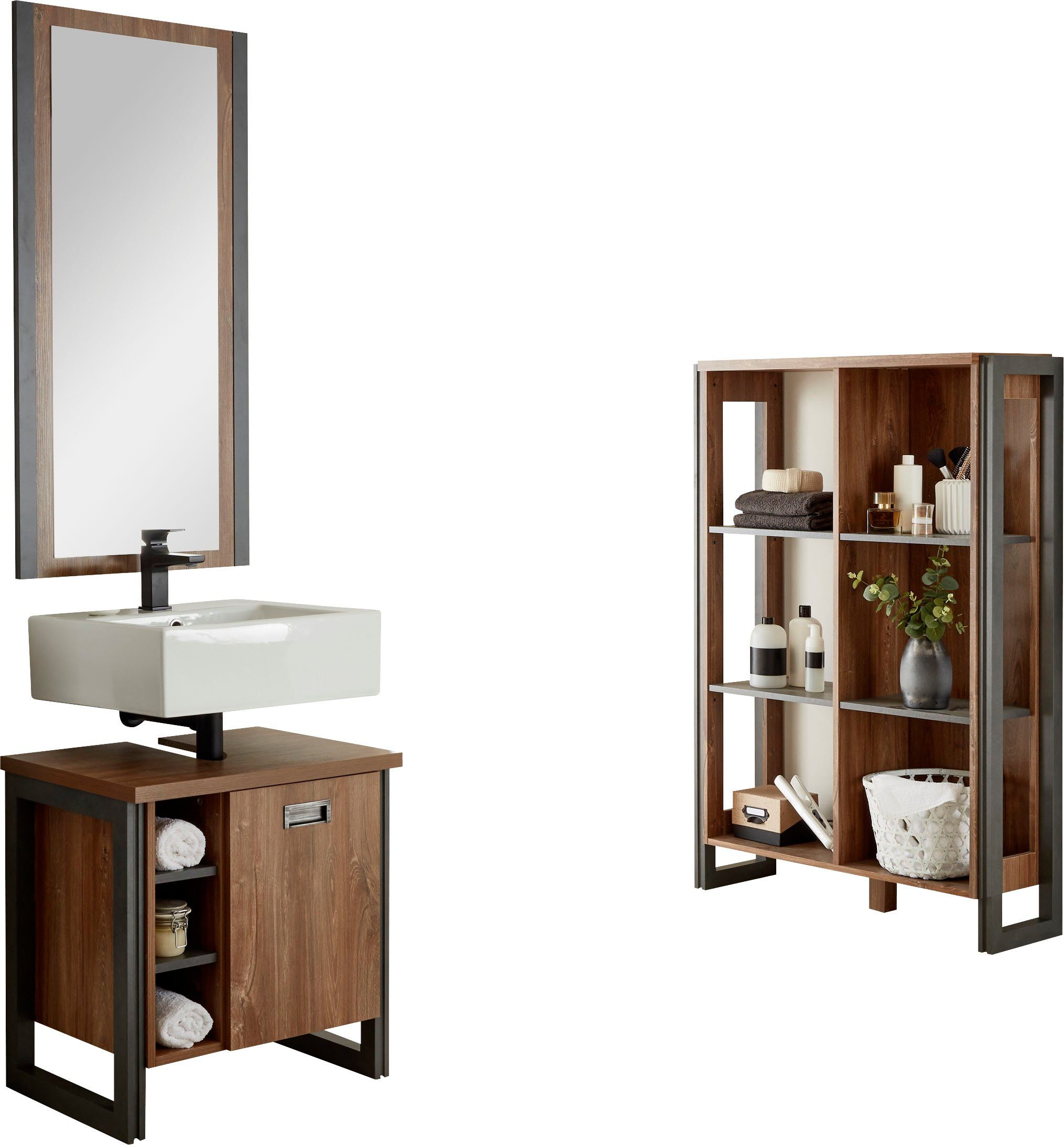 Home affaire Badmöbel-Set Detroit, Bad im Industrialdesign, 3-teiliges Badezimmer, (Set, 3-St), Unterschrank, Regal & Spiegel, holzfarben, offene Fächer & Stauraum