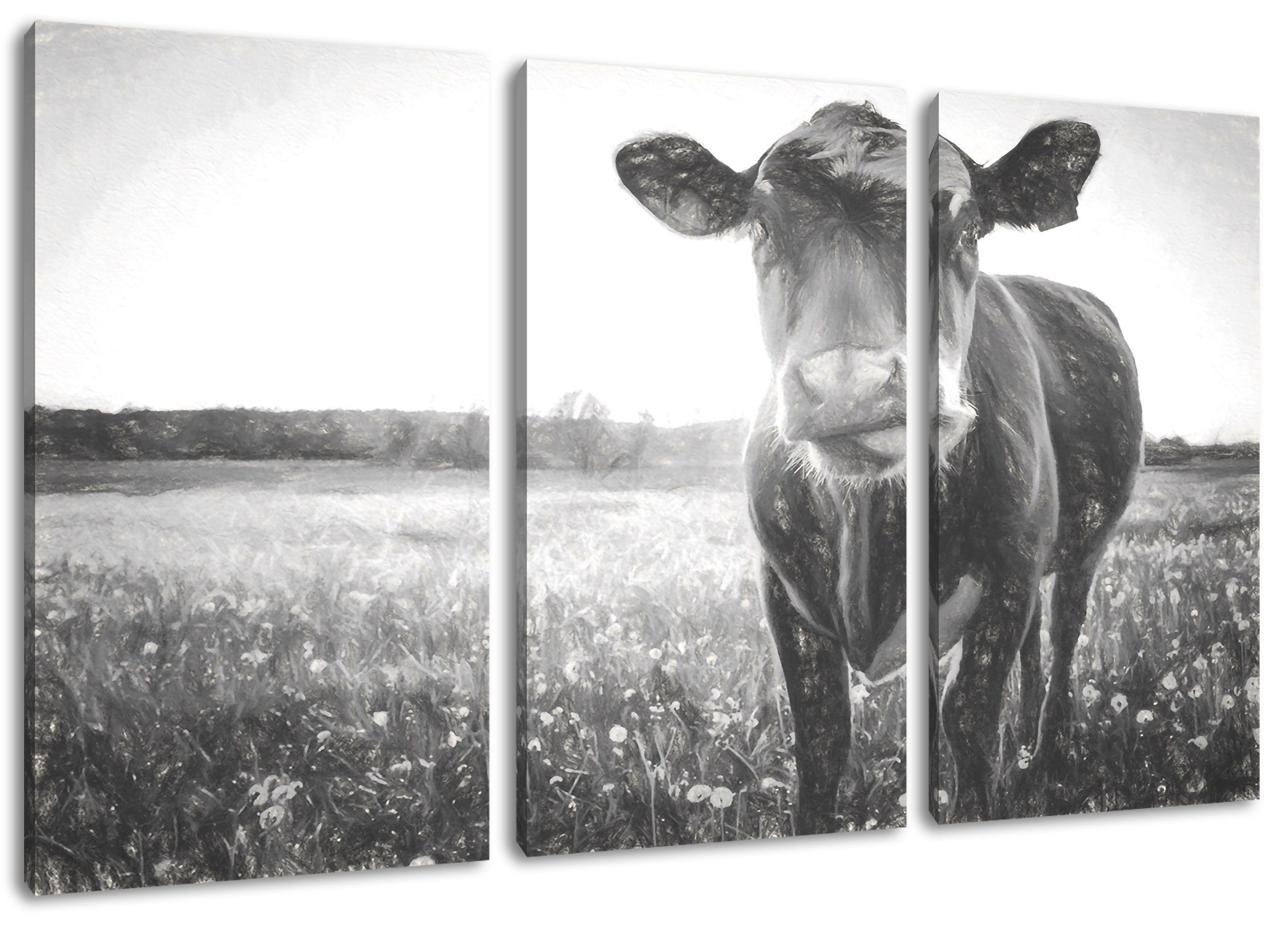 Pixxprint Leinwandbild Kuh auf Butterblumenwiese, Kuh auf Butterblumenwiese 3Teiler (120x80cm) (1 St), Leinwandbild fertig bespannt, inkl. Zackenaufhänger