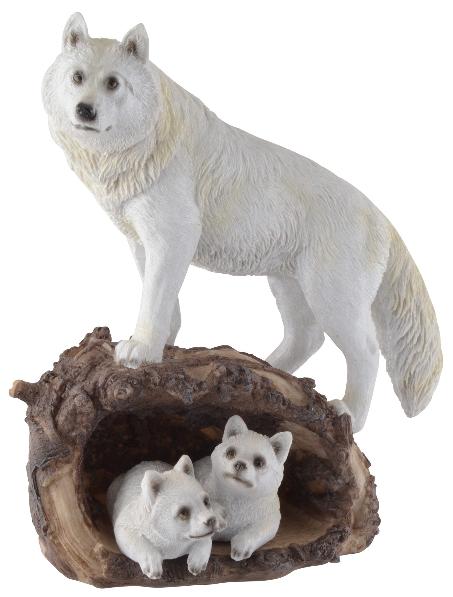 Vogler direct Gmbh Tierfigur Schneewolf mit zwei Jungen in einem Baumstamm, Kunststein, handbemalt, coloriert, LxBxH ca. 22x13x26 cm