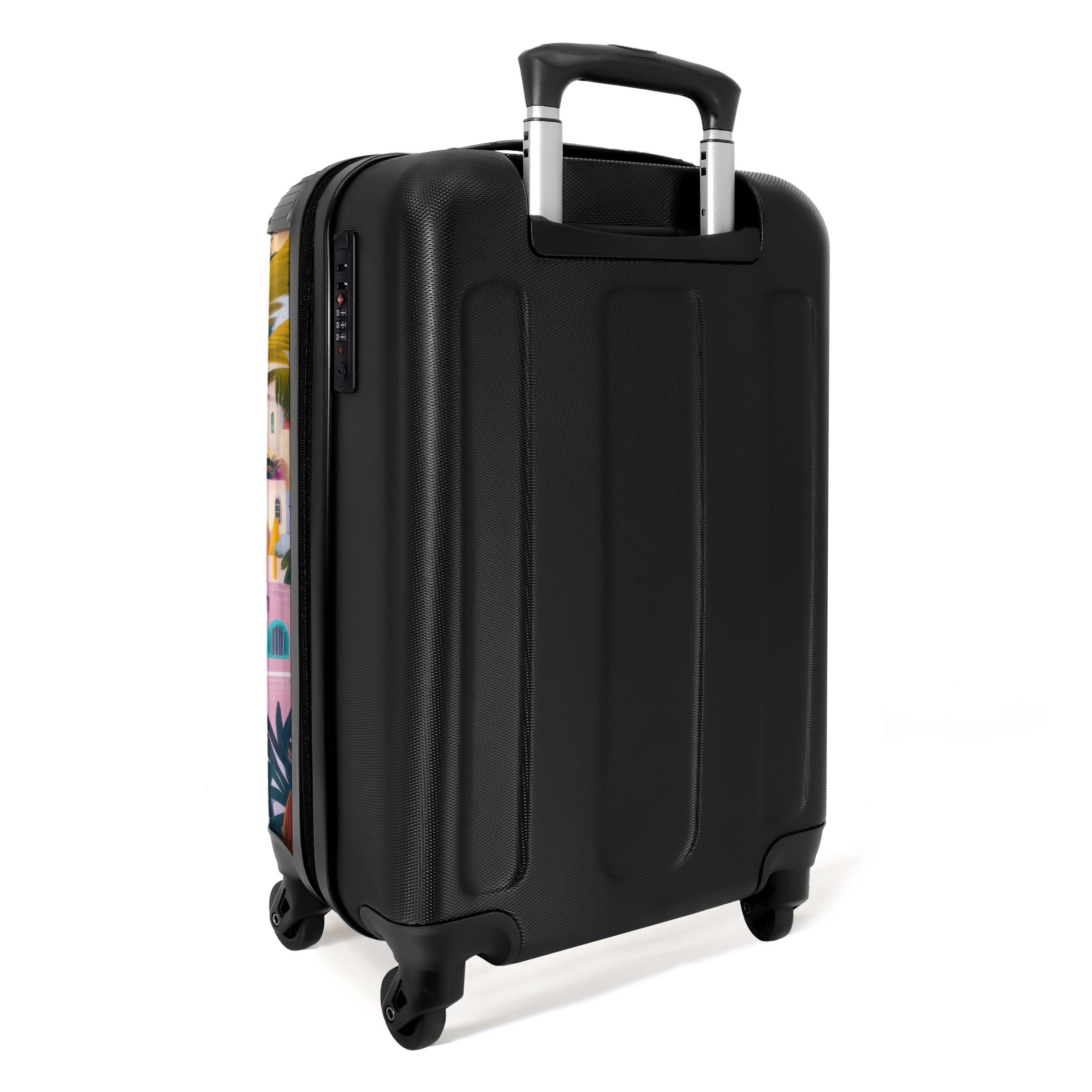 NoBoringSuitcases.com© Hartschalen-Trolley Bunte Stadt mit Palmen 55x35x20cm, 4 Rollen, Reisetasche mit Rollen, Koffer Handgepäck Flugzeug
