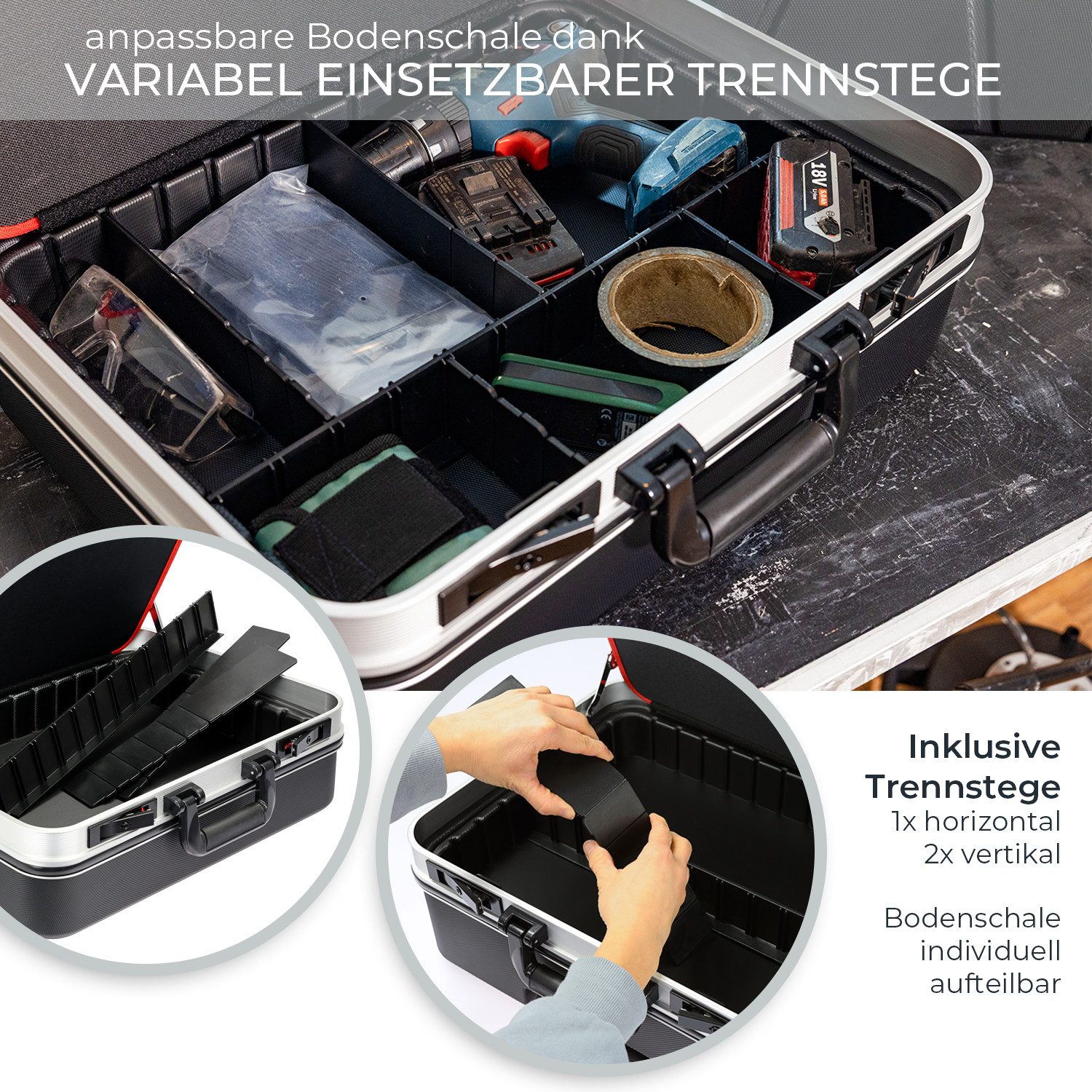 HMF Werkzeugkoffer Werkzeugkoffer leer aus schlagfestem ABS-Kunststoff mit, Aluminiumrahmen, Werkzeugkiste groß abschließbar, 47 x 40 x 22 cm – Bild 4 von 5