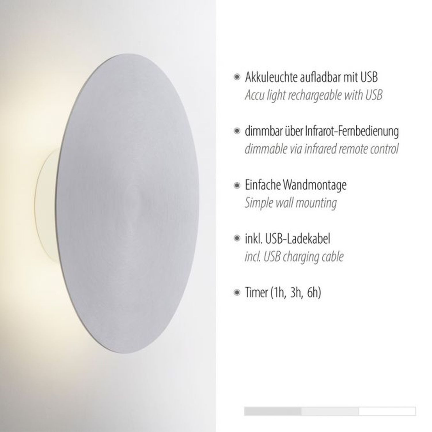Licht-Erlebnisse Wandleuchte KILFORT, LED fest integriert, LED Metall mit Dimmer Schalter in Silber rund 125 lm Modern