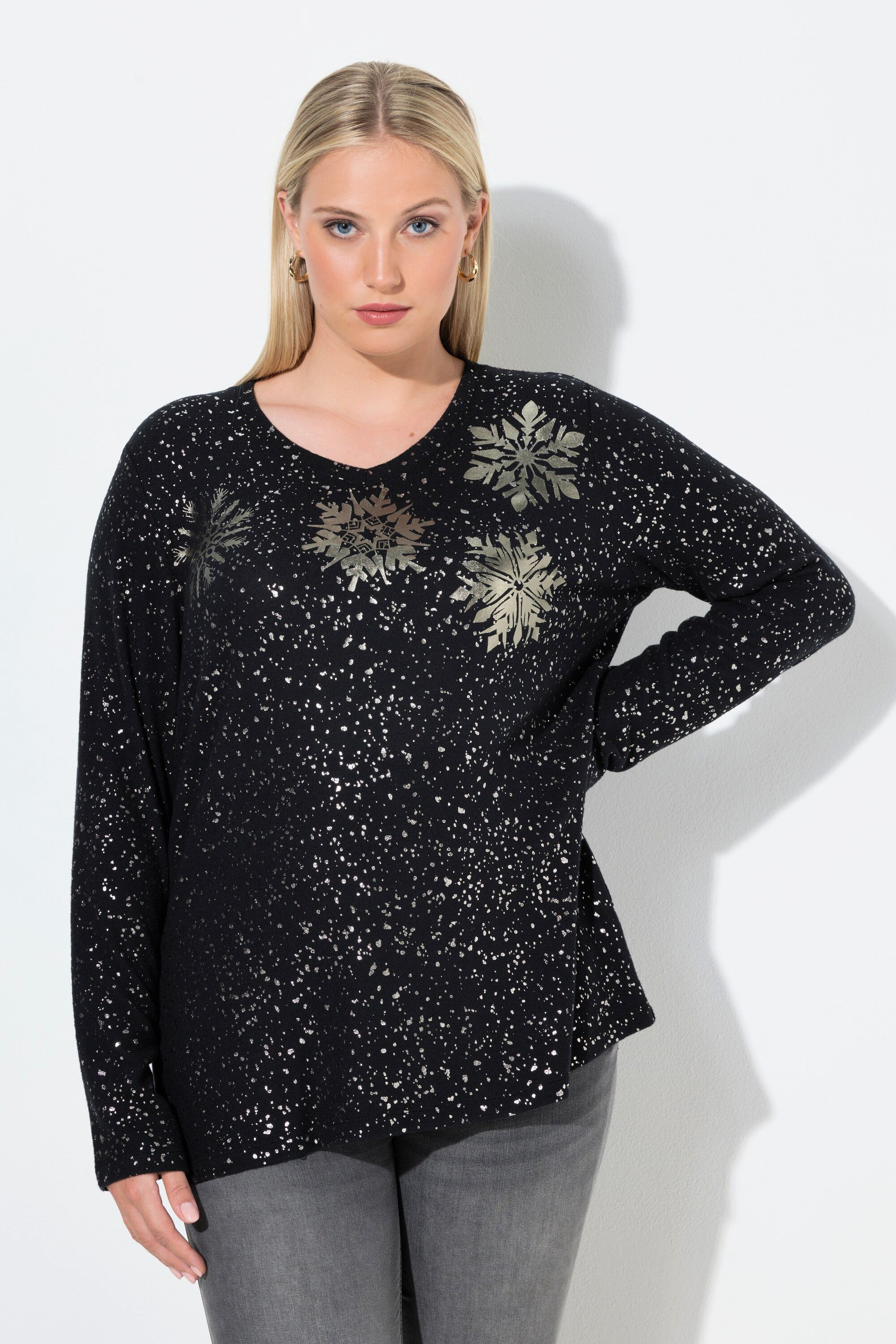 Ulla Popken Sweatshirt Sweatshirt Metallic-Druck V-Ausschnitt Langarm