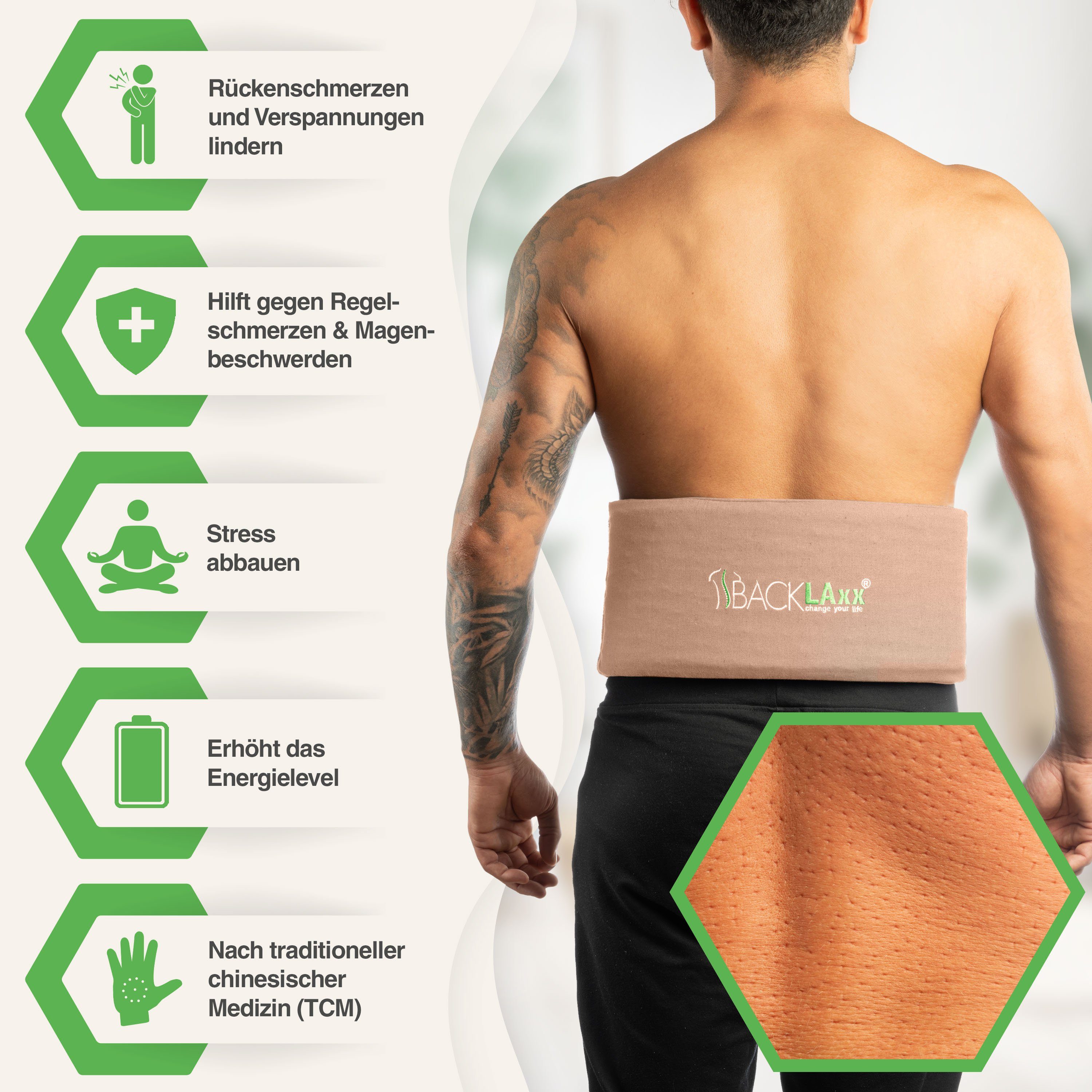 BACKLAxx® Akupressurmatte Akupressur Lendengürtel mit 736 Spitzen (Lendengurt mit Tasche - inkl. Videokurs & Hörbuch, Akupressur Gürtel gegen Rückenschmerzen), Intensitätsregulierung durch Klettverschluss