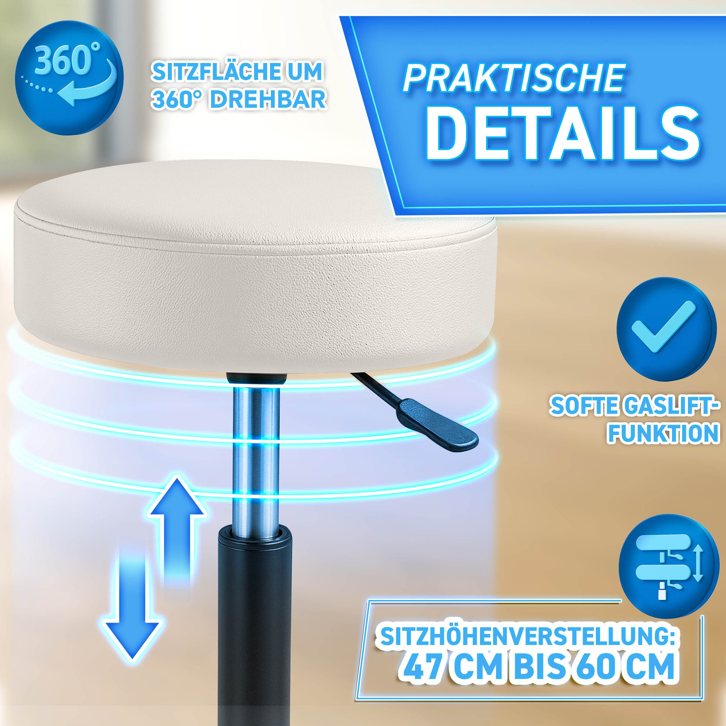 TRESKO Drehhocker Rollhocker höhenverstellbar, 10 cm Dicke Polsterung, Arbeitshocker Hocker 360° drehbar