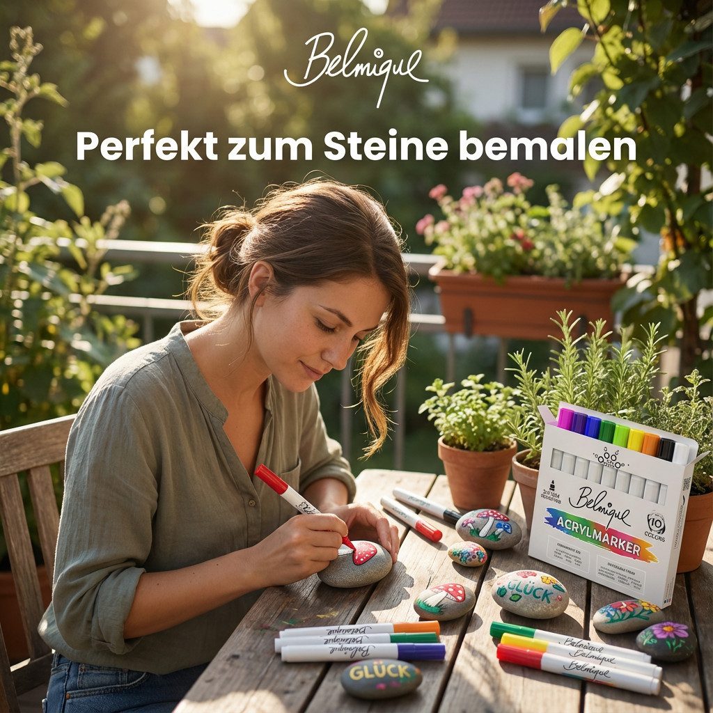 Belmique Marker Acrylmarker 2–3 mm – 10er Set für Stein, Holz & Leinwand, (10-tlg., Bunt), 10 Farben, Deckend & wetterfest, 2–3 mm Spitze