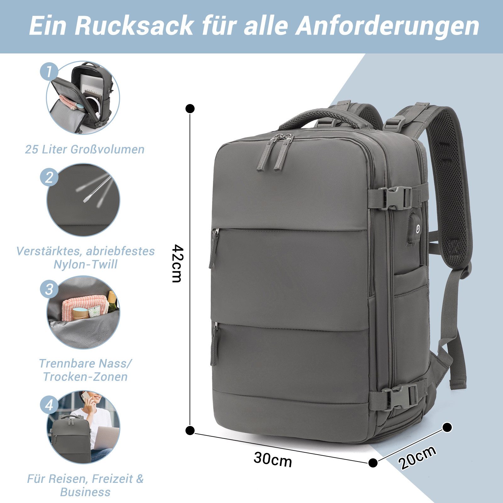 KONO Reiserucksack Handgepäck Laptop Rucksack 42x30x20,25L mit Schuhfach für Reisen&Sport – Bild 2 von 5