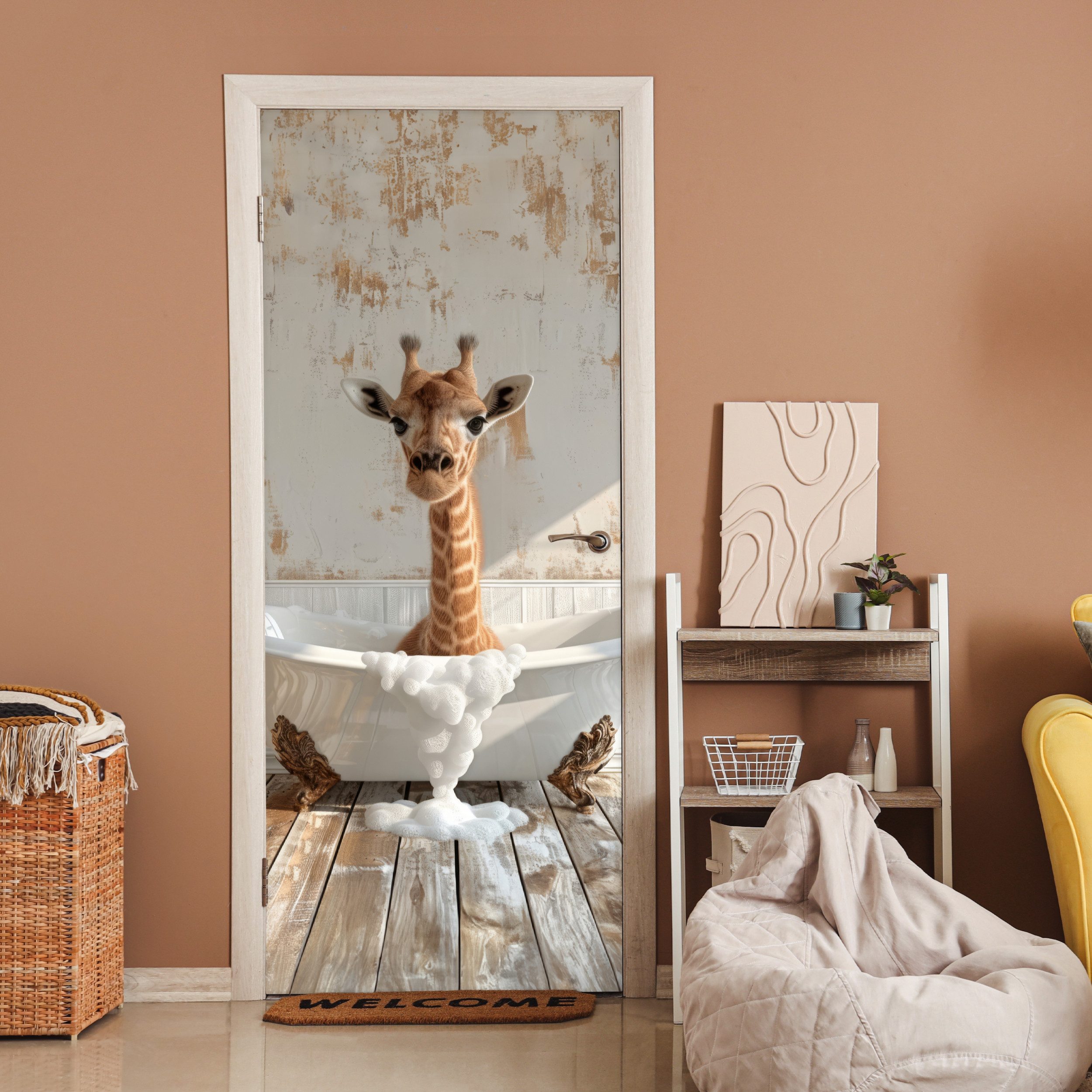 MuchoWow Türtapete Giraffe - Badewanne - Vintage - Tiere, Matt, bedruckt, (1 St), Selbstklebende Tapete, Folie für Möbel, 70x215 cm
