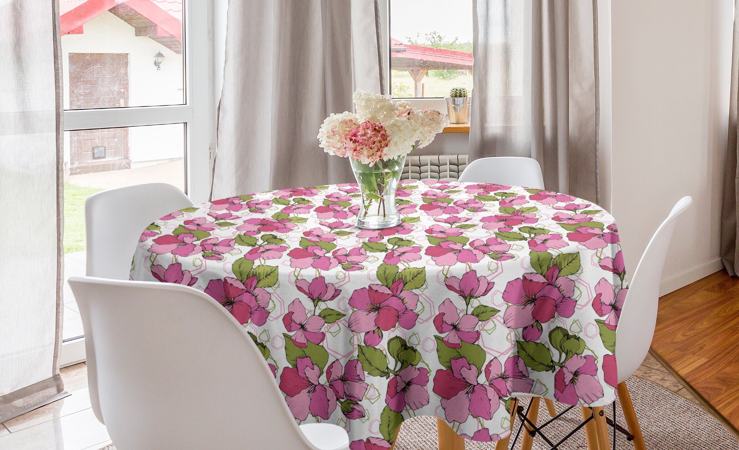 Blumen Rosa Abdeckung Küche Tischdecke Dekoration, auf Tischdecke Geometric für Blooming Esszimmer Kreis Abakuhaus