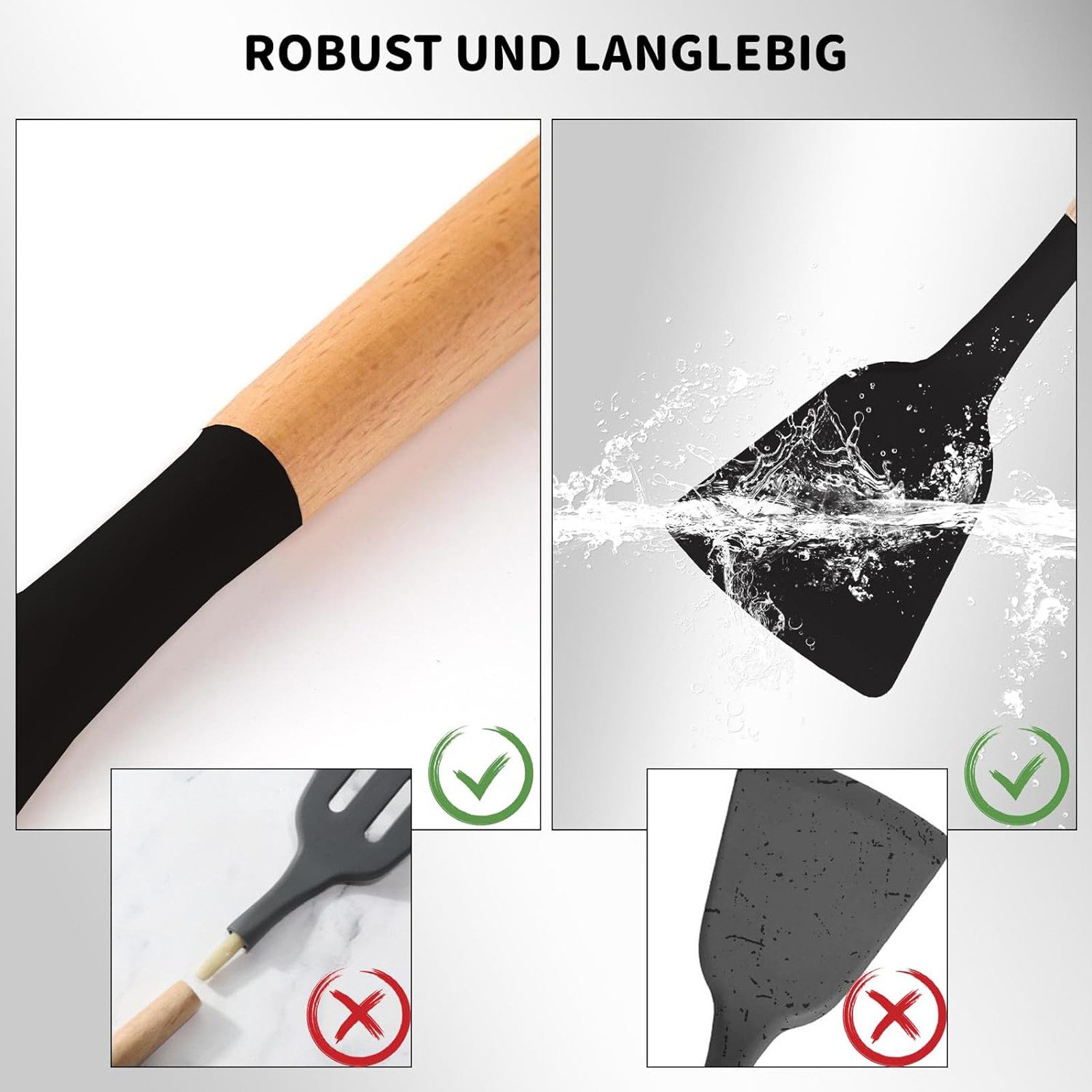 OKWISH Kochbesteck-Set 12er Küchenutensilien Set Küchenhelfer Kochgeschirrset (mit Hitzebeständigem Holzgriff und Aufhängeschlaufe, 12-tlg., Kochbesteck, Siliko – Bild 3 von 5