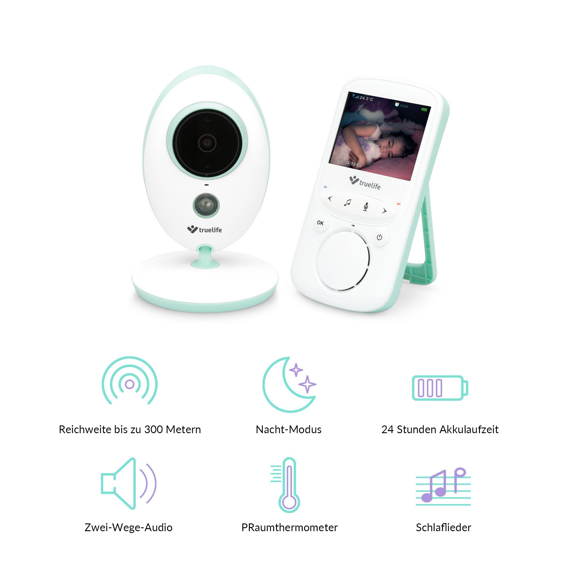 TrueLife Video-Babyphone NannyCam V24 Pro, Display 2,4", klares Bild, Packung Set, 1x Elterngerät, 1x Babygerät, VOX-Regime, Thermometer, Reichweite 300 m