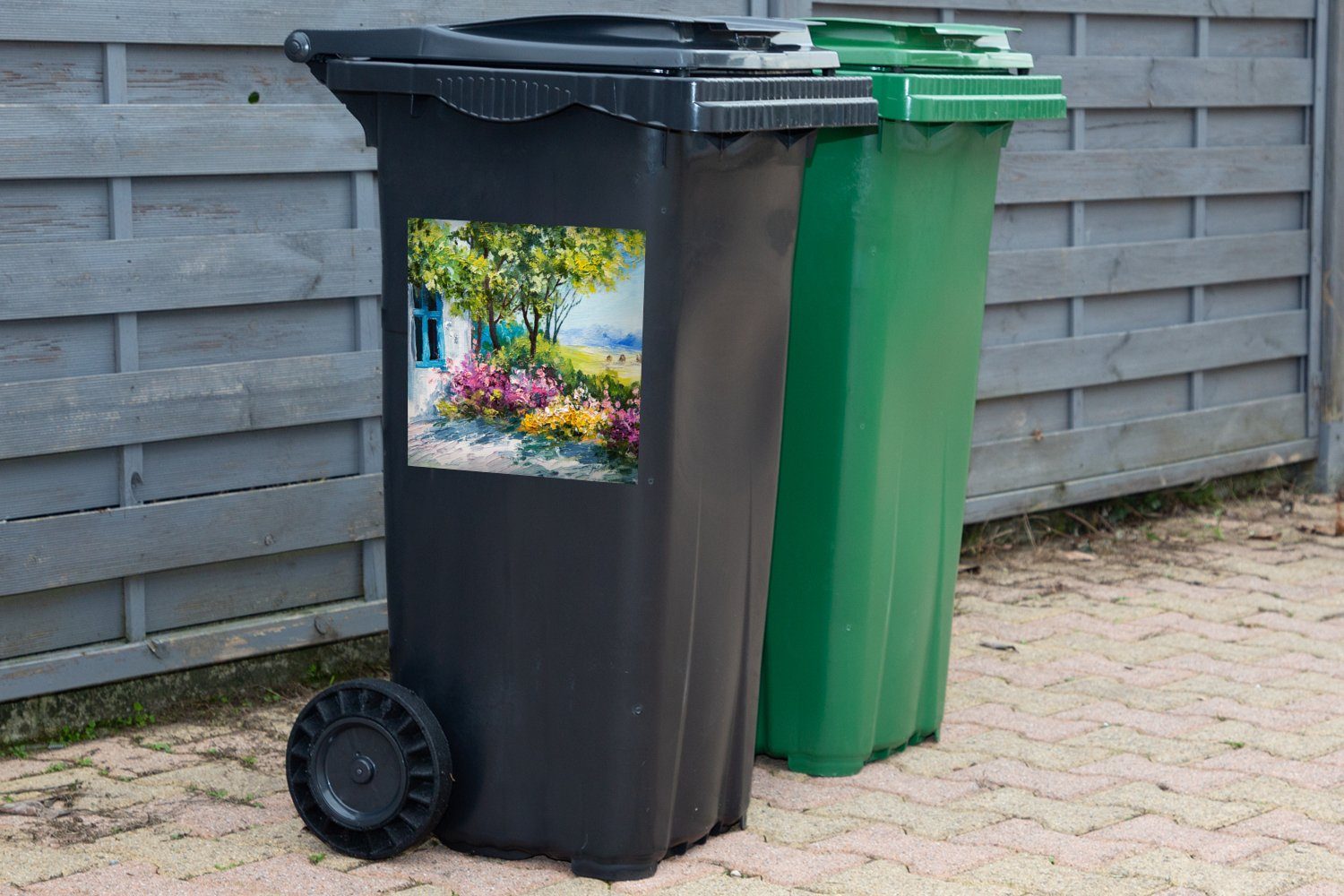 MuchoWow Wandsticker Container, - - (1 Mülltonne, Abfalbehälter Pflanzen Sticker, Malerei St), Mülleimer-aufkleber, - Haus Öl - Blumen