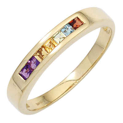 Schmuck Krone Fingerring Ring Damenring 585 Gelbgold Edelsteine Amethyst Citrin Granat Peridot Blautopas, Gold 585