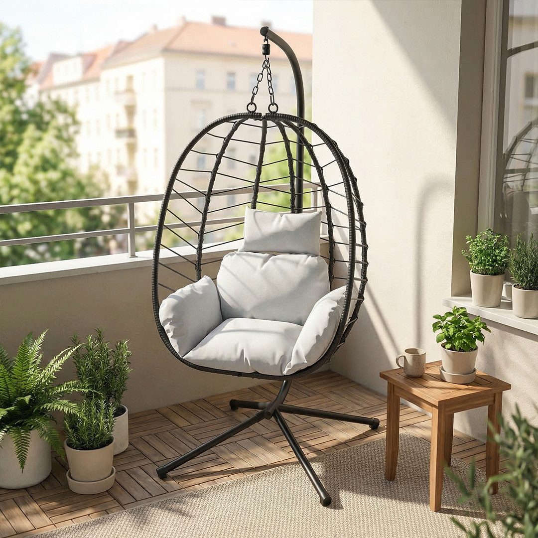 STEELSØN Hängesessel Alarian höhenverstellbar und faltbar (hellgrau/schwarz, mit Gestell und Sitzkissen, bis 150 kg belastbar), mit großem Korbsitz für indoor & outdoor, aus Polyrattan