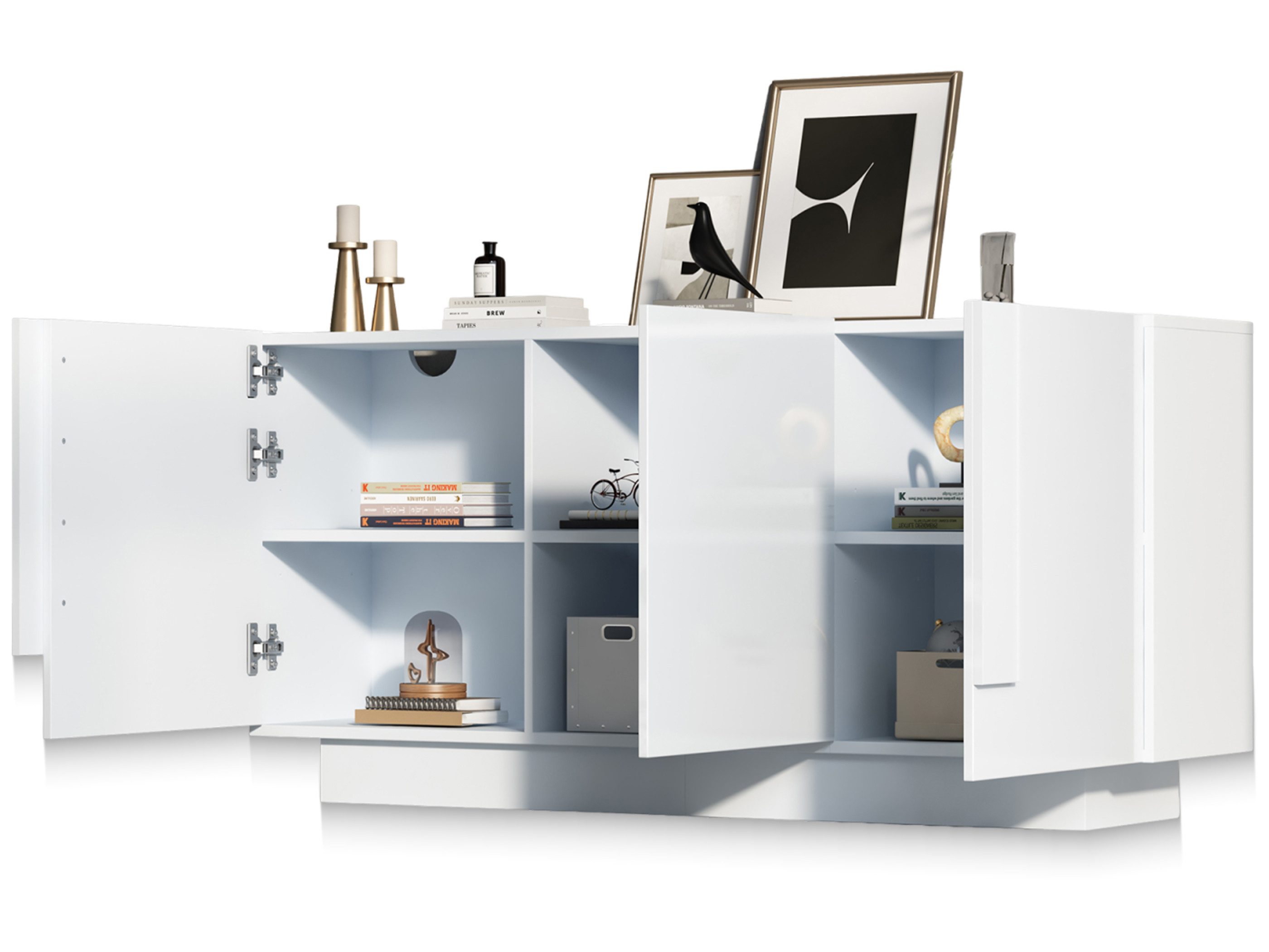 SeedWave Sideboard Moderner Beistellschrank 160cm mit Drei Schranktüren in Hochglanz, Wohnzimmerschrank inkl. Verstellbare Staufächer