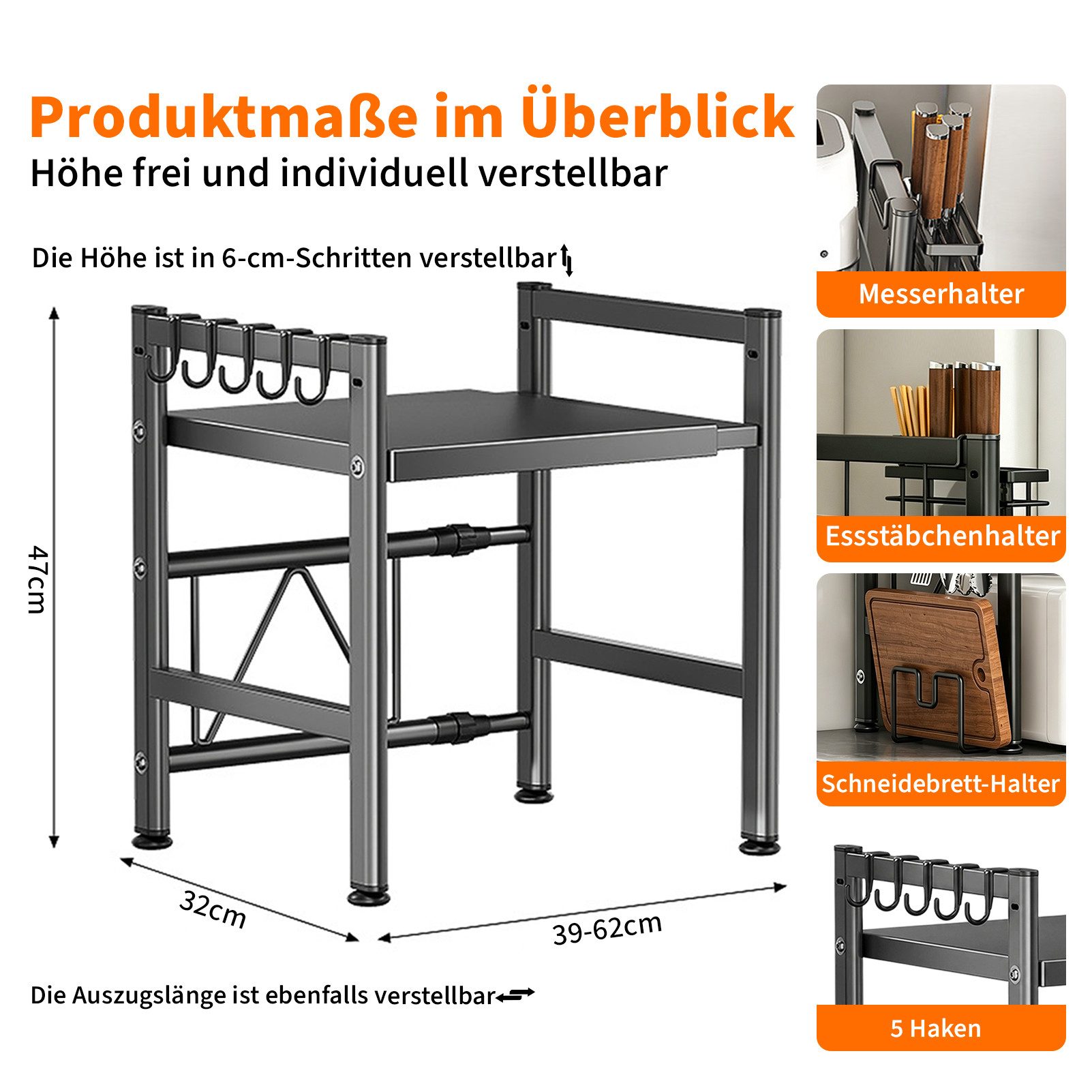 Esun Standregal Mikrowellen Regal 2-Stufig Microwave Shelf Schrank Küchenregal, Stahl, Mikrowellenregal mit 5 Haken, Schneidebrettständer