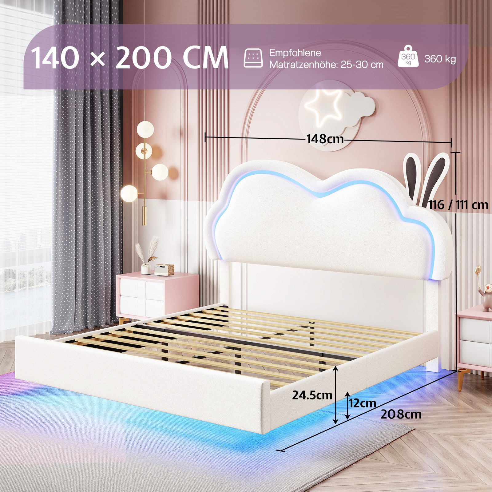 AMERLIFE Kinderbett Jugendbett mit LED & Wolken-Kopfteil – verstellbares Kopfteil (Ohne Matratze), Stabiler Metallrahmen & Modernes Schwebendes Design, 140x200cm