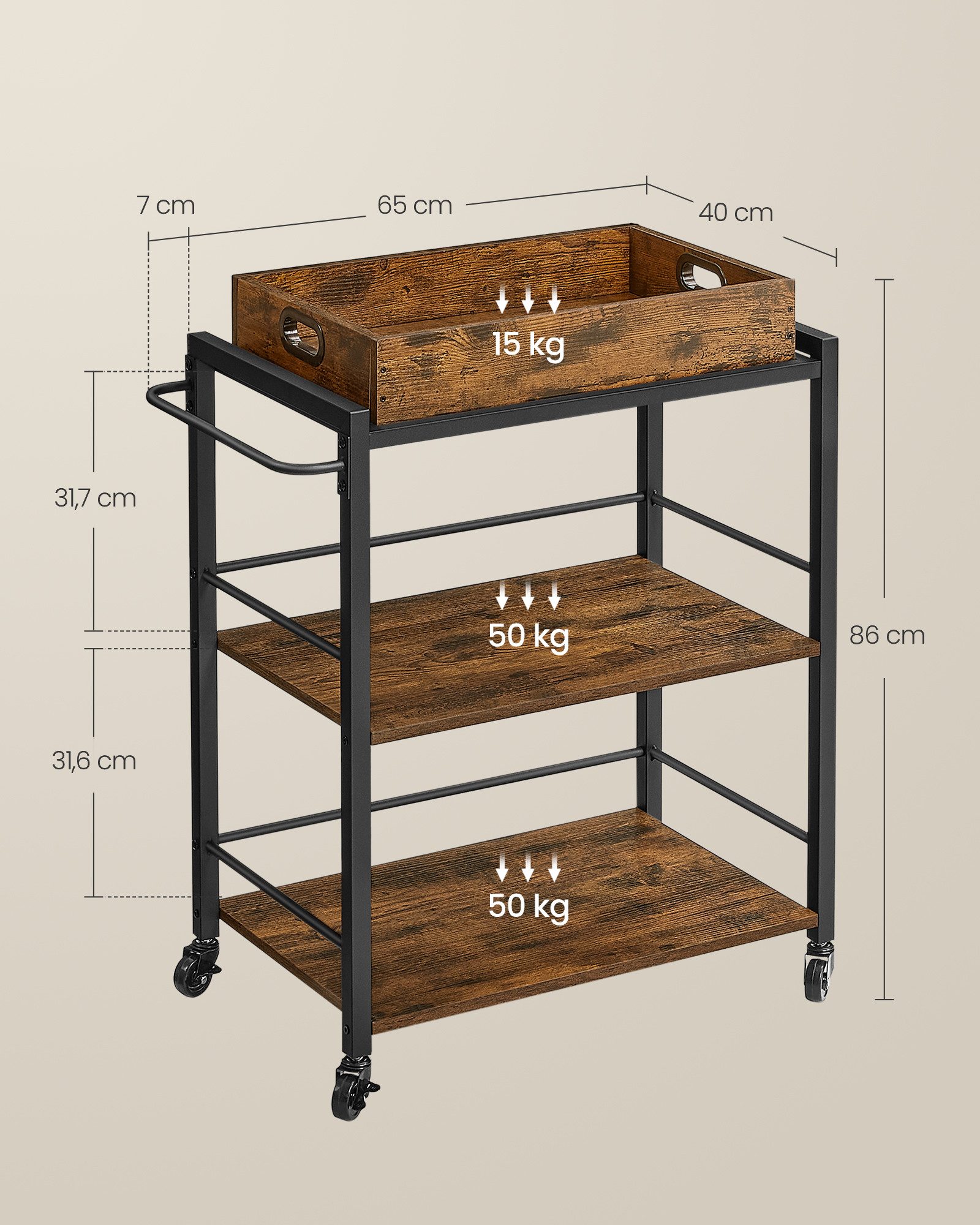 VASAGLE Servierwagen, Küchenwagen mit abnehmbarem Tablett, Rollen, vintage günstig online kaufen