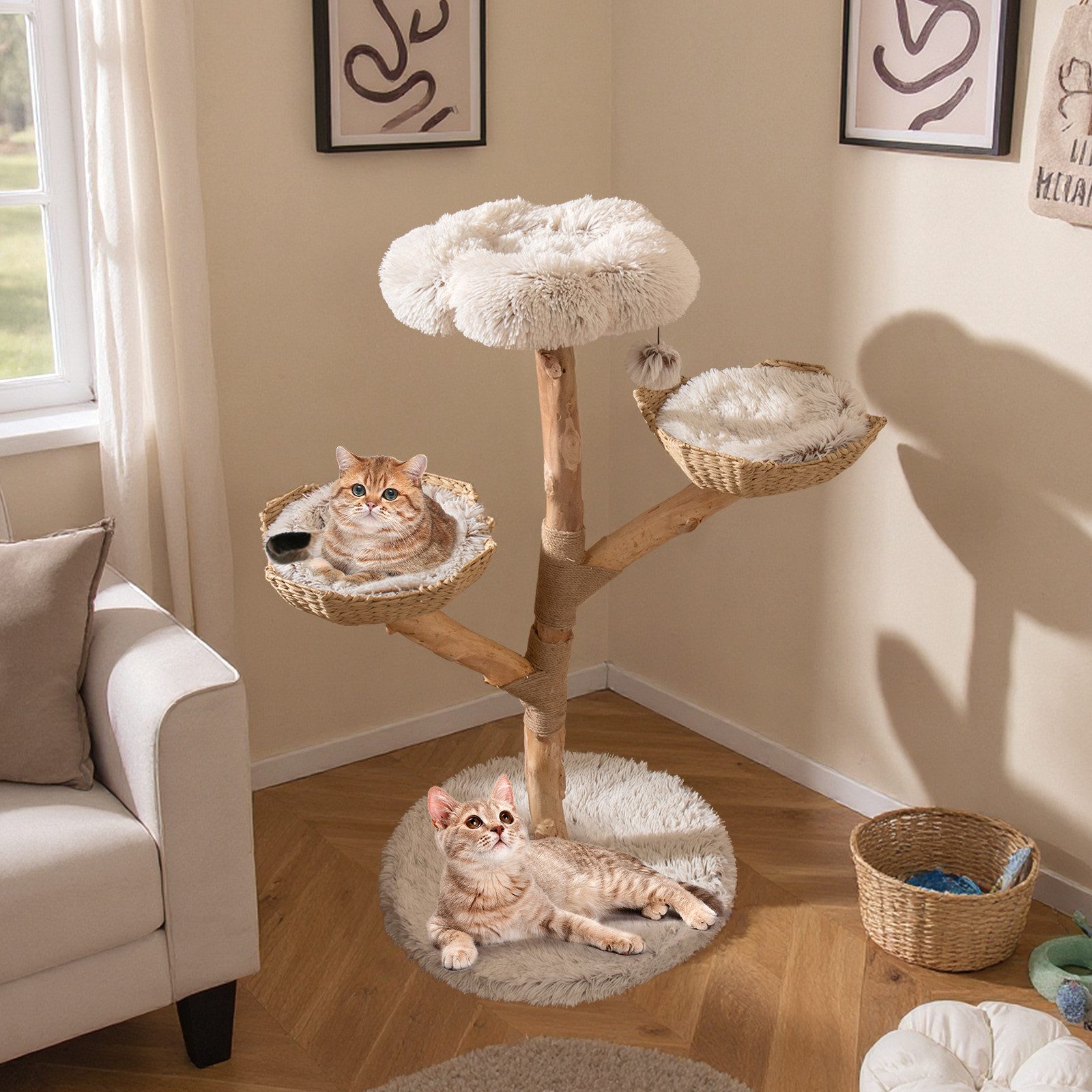 COSTWAY Kratzbaum, Katzenbaum mit 2 Körben, Massivholz, 122cm hoch