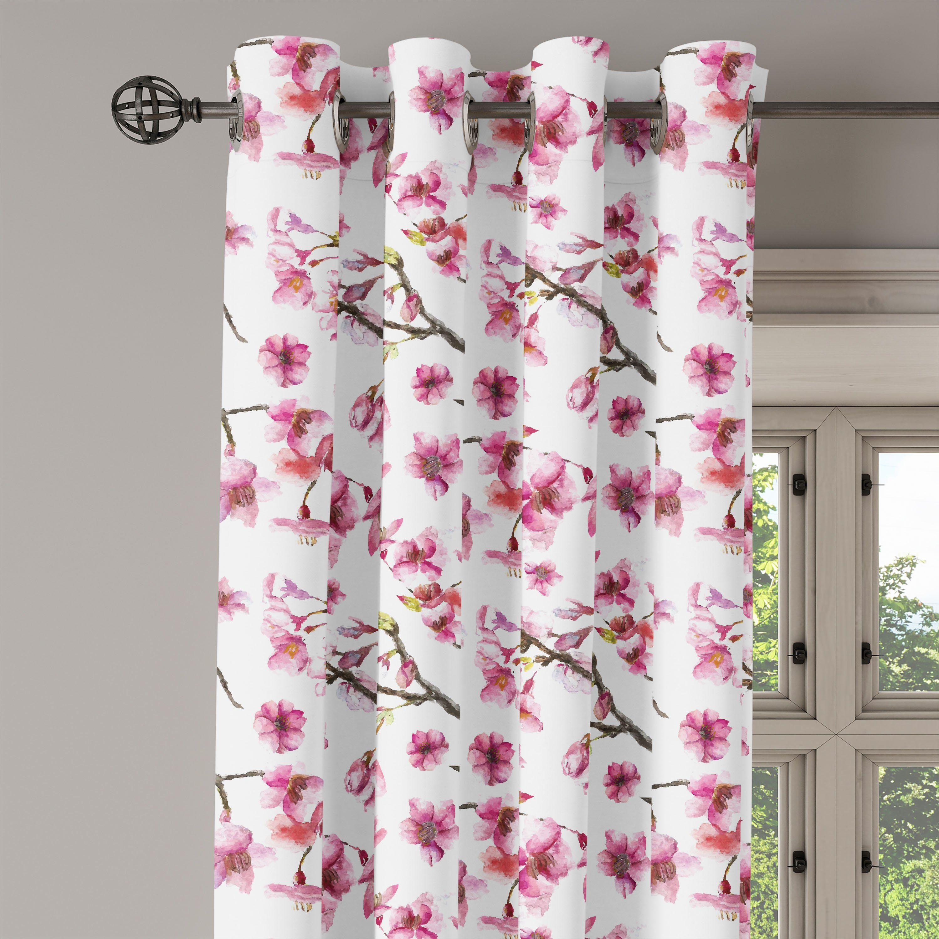 für 2-Panel-Fenstervorhänge Sakura-Zweig Abakuhaus, Kirschblüte Gardine Schlafzimmer Dekorative Wohnzimmer,