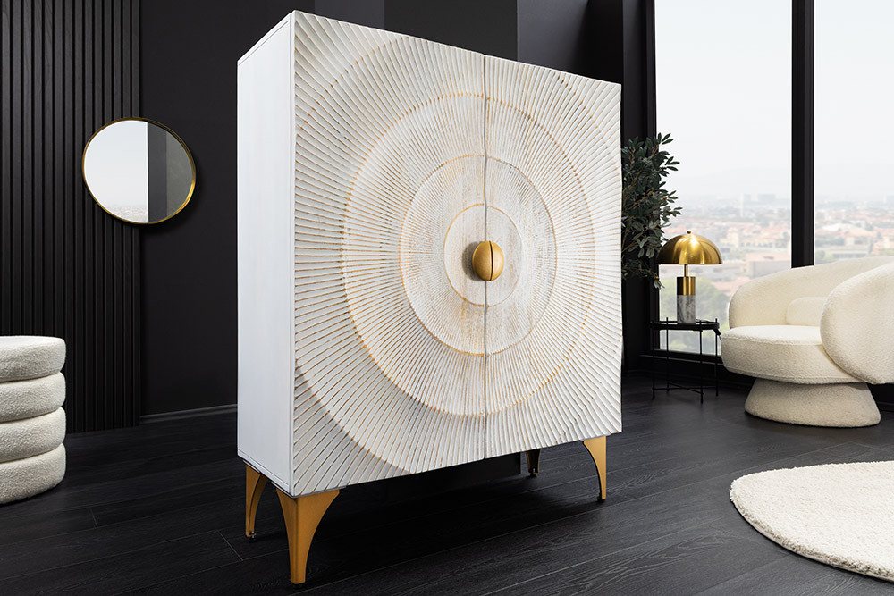 riess-ambiente Highboard GOLDEN SUNSET 120cm weiß/gold - Massivholz, 3D-Front mit Ornament (Einzelartikel, 1 St), Design Schrank mit Stauraum & Türen – ideal für Wohn- oder Esszimmer
