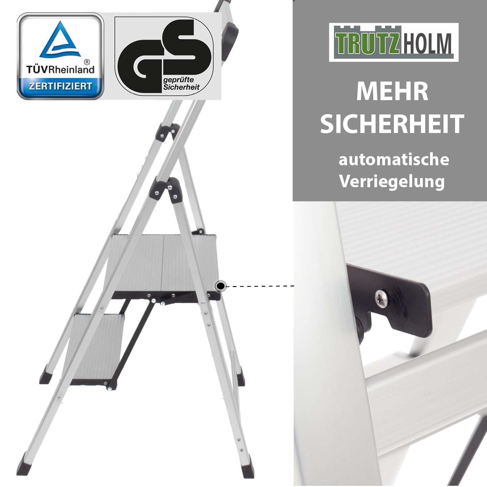 TRUTZHOLM Trittleiter Aluminium 2-stufig silber klappbar mit Handlauf bis 150 kg TÜV GS, Klappbar, platzsparend, leichtgewichtig – Bild 5 von 5