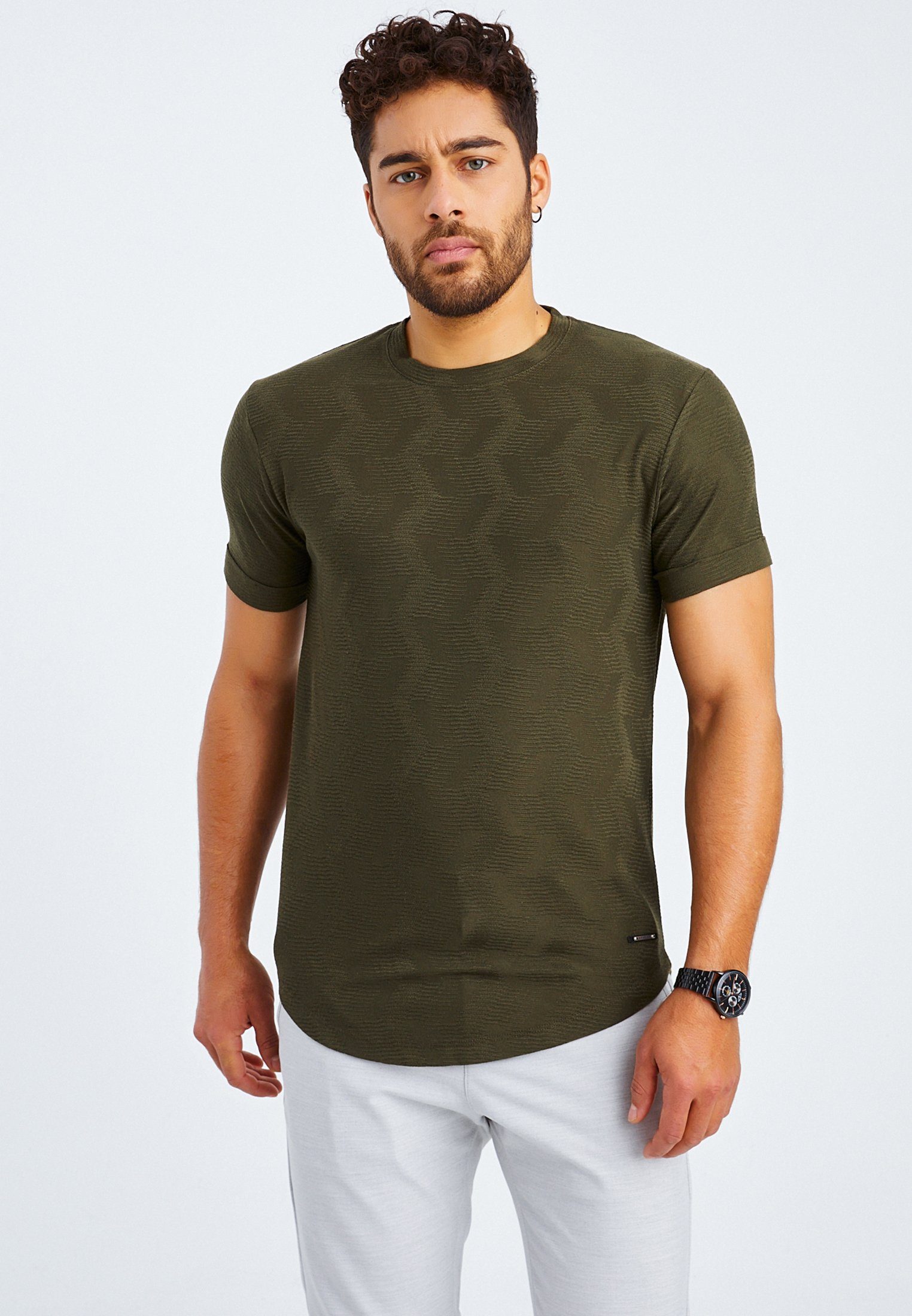 Leif Nelson T-Shirt Herren T-Shirt normal khaki Rundhals LN-55585