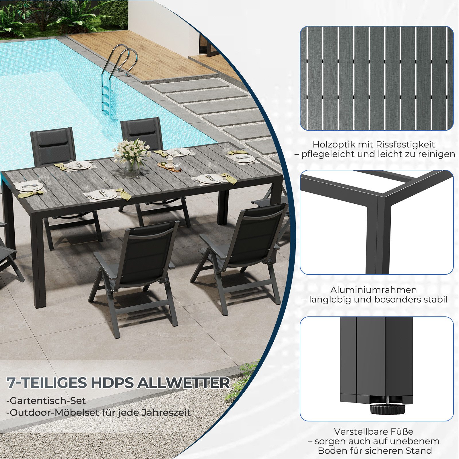 HOMALL Garten-Essgruppe Gartenmöbel Set aus klappbarer Armlehnstuhl und Aluminium Gartentisch, (7-tlg., 6 Klappstuhl (bis 160kg), 1Tisch (bis 100kg), Aluminium, Textilgewebe), Holzoptik Tisch & klappbare Stühle mit 7-fach verstellbarer Lehne