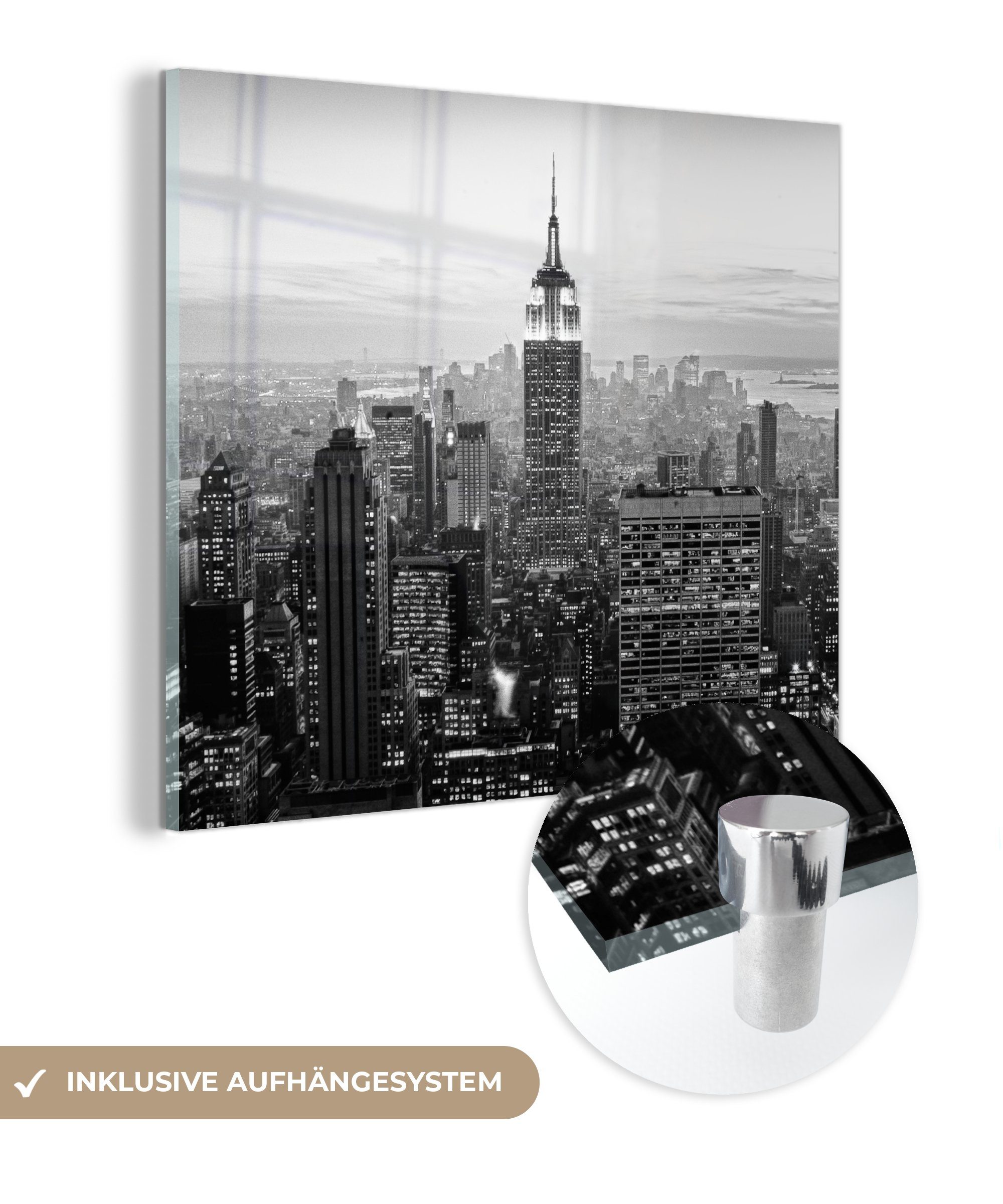 MuchoWow Acrylglasbild New York City Schwarz-Weiß-Fotodruck, Inkl. Aufhängung, Bilder auf Glas Wandbild, Wanddeko Wohnzimmer Badezimmer, 20x20 cm