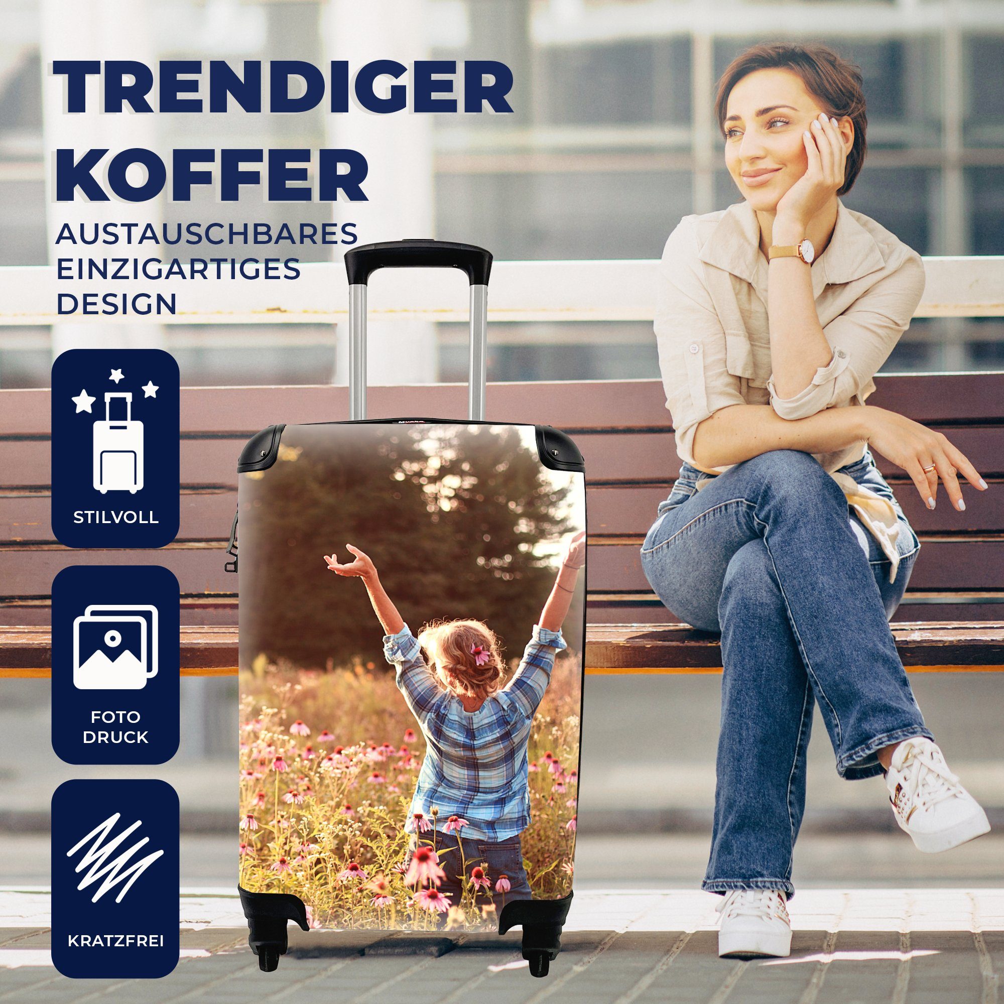 Frau für 4 Ferien, Rollen, Frühling, mit Trolley, Reisekoffer - MuchoWow Reisetasche Blumen rollen, Handgepäck - Handgepäckkoffer