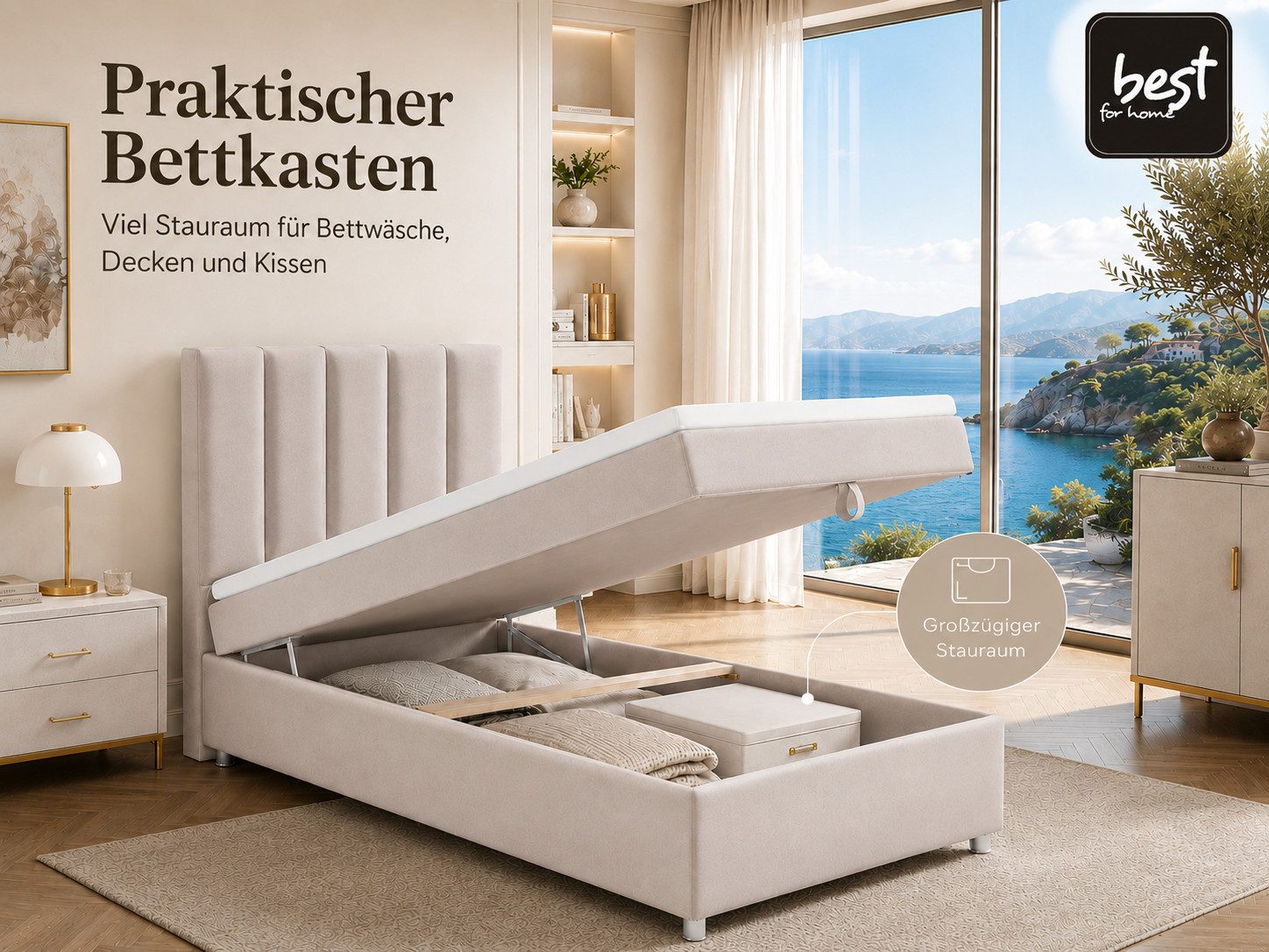 Best for Home Boxspringbett Trinity K10 SINGLE mit Bettkasten & Bonellfederkern, Komfort Topper H3 (Einzelbett, Polsterbett gepolstertes Kopfteil, Jugendbett, Kinderbett versch. Größen, 1-St., 70x200 80x200 90x200 100x200 cm), Stauraum unter dem Bett; Ergonomischer Schlafkomfort; Massivholzrahmen