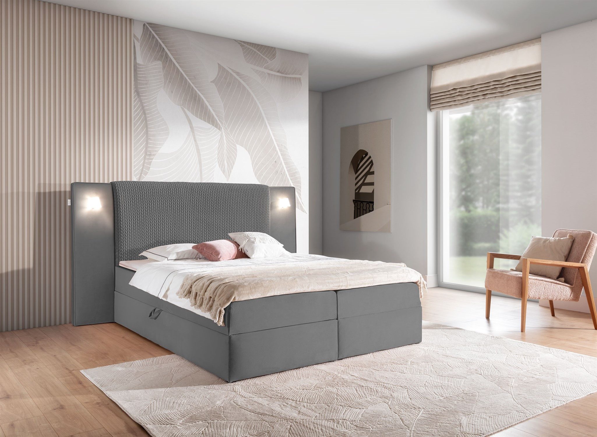 Fun Möbel Boxbett Bett MARTEN Überlänge in Stoff Magic Velvet Set.4 (inkl. Bettkästen und Kaltschaumtopper, inkl. Polsterhocker mit Stauraum und 2 x Nachttische), Ambiente-Beleuchtung mit Touch Funktion im Kopfteil