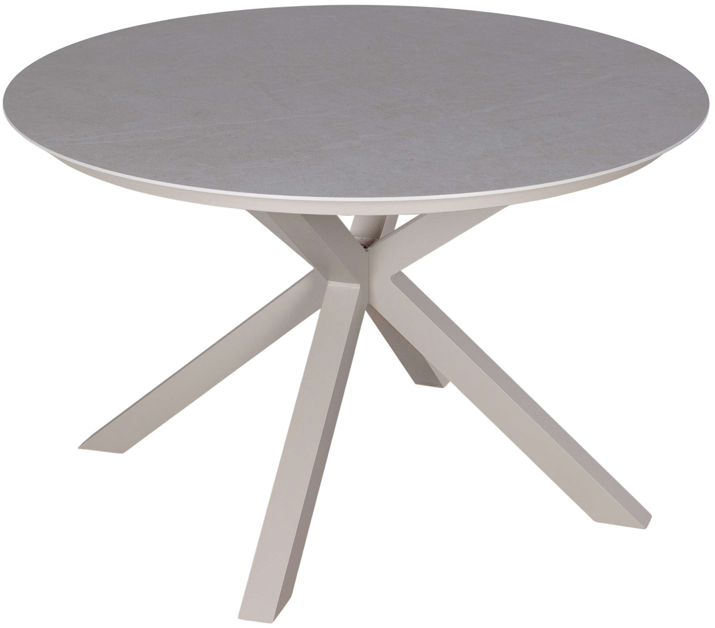 MR.DEKO Gartentisch rund Malaga Ø 120cm wetterfest Aluminium Keramik in Ivory (Mit X-Gestell & Keramik-Tischplatte – stilvoller Esstisch für Outdoor, 1-St), Wetterfest & modern – Tisch Höhe anpassbar, pflegeleicht