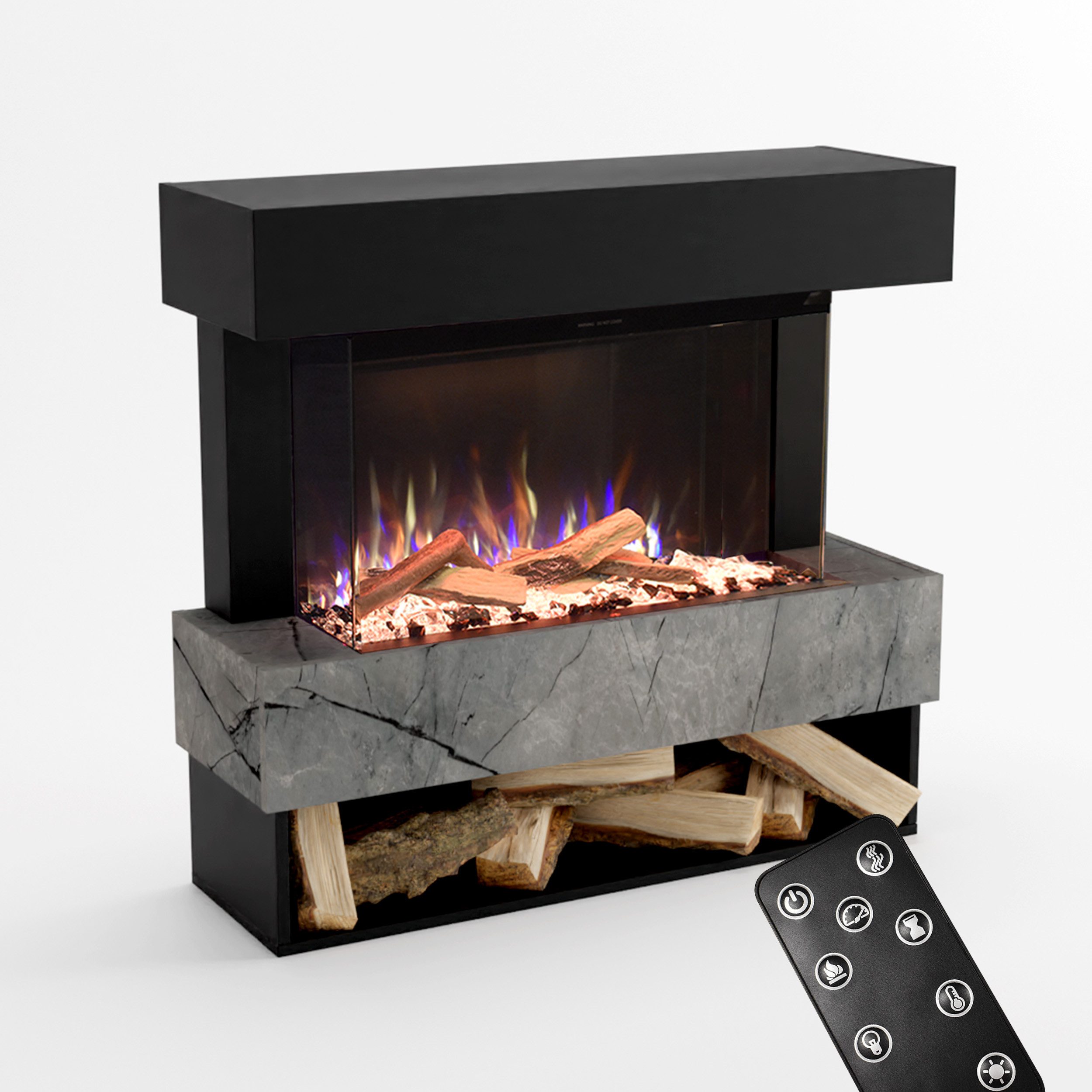 GLOW FIRE Elektrokamin PR5 E-Motion 3D, Elektrischer Kamin mit 3D Feuer mit Heizung, täuschend echte Flamme mit Heizung, 3 Dekorationen