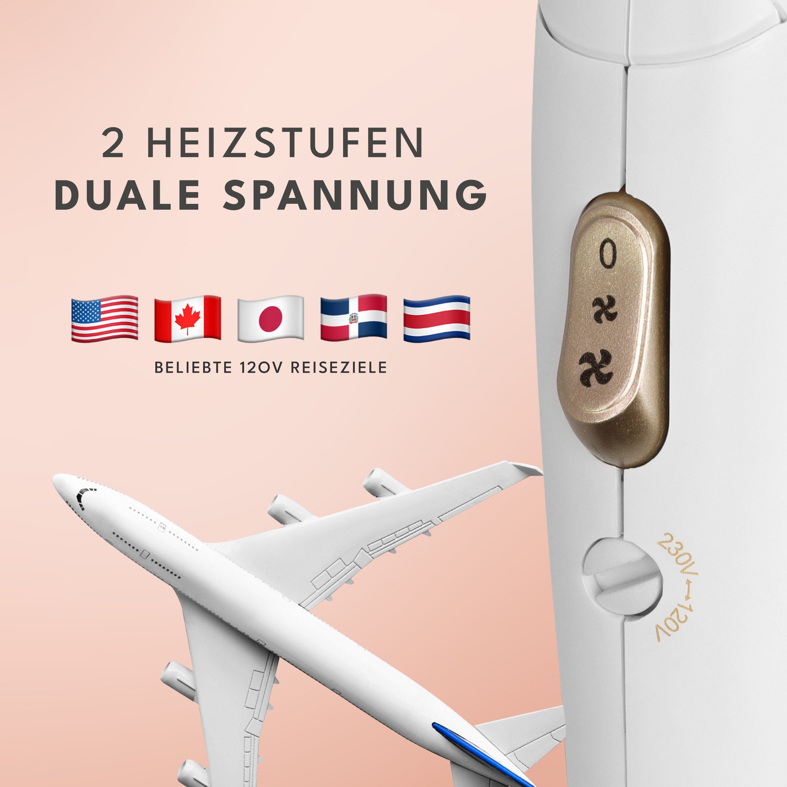 Lebenlang Reisehaartrockner klappbar klein -, 1000,00 W, Duale Spannung & Inkl. Reisetasche mit Stylingdüse, Leichtes Gewicht